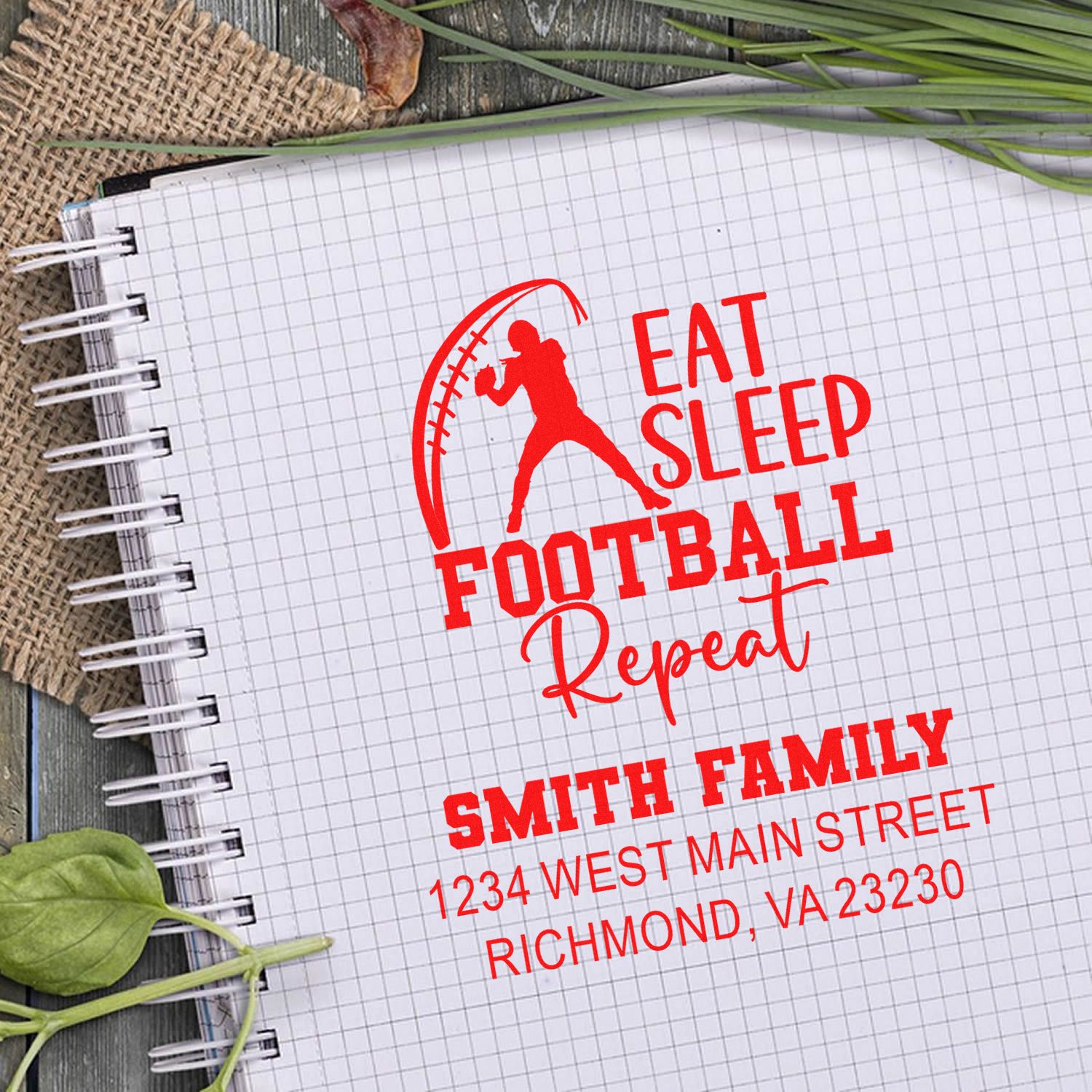 Personalized football rubber stamp with Eat Sleep Football Repeat, Smith Family, and Richmond, VA return address.
