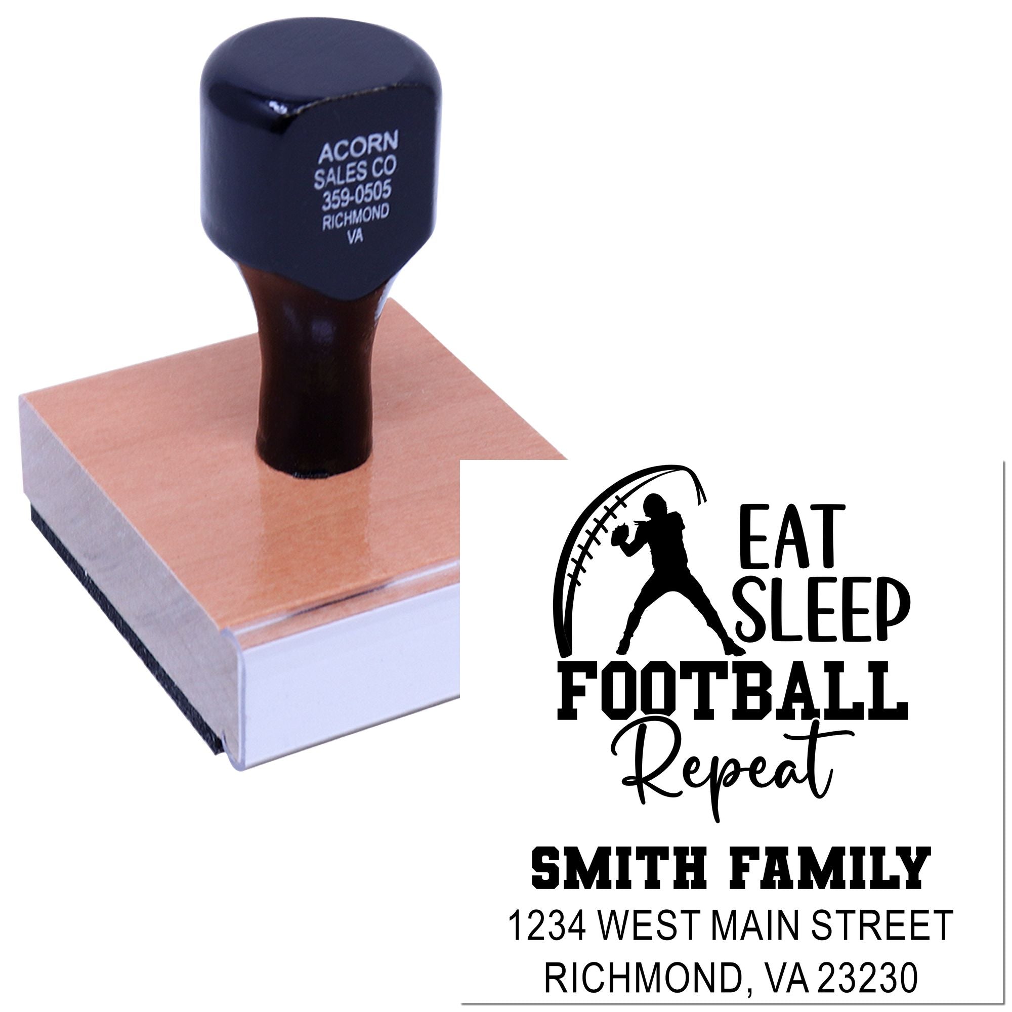 Personalized football family address rubber stamp with "Eat Sleep Football Repeat" and Smith family return address.