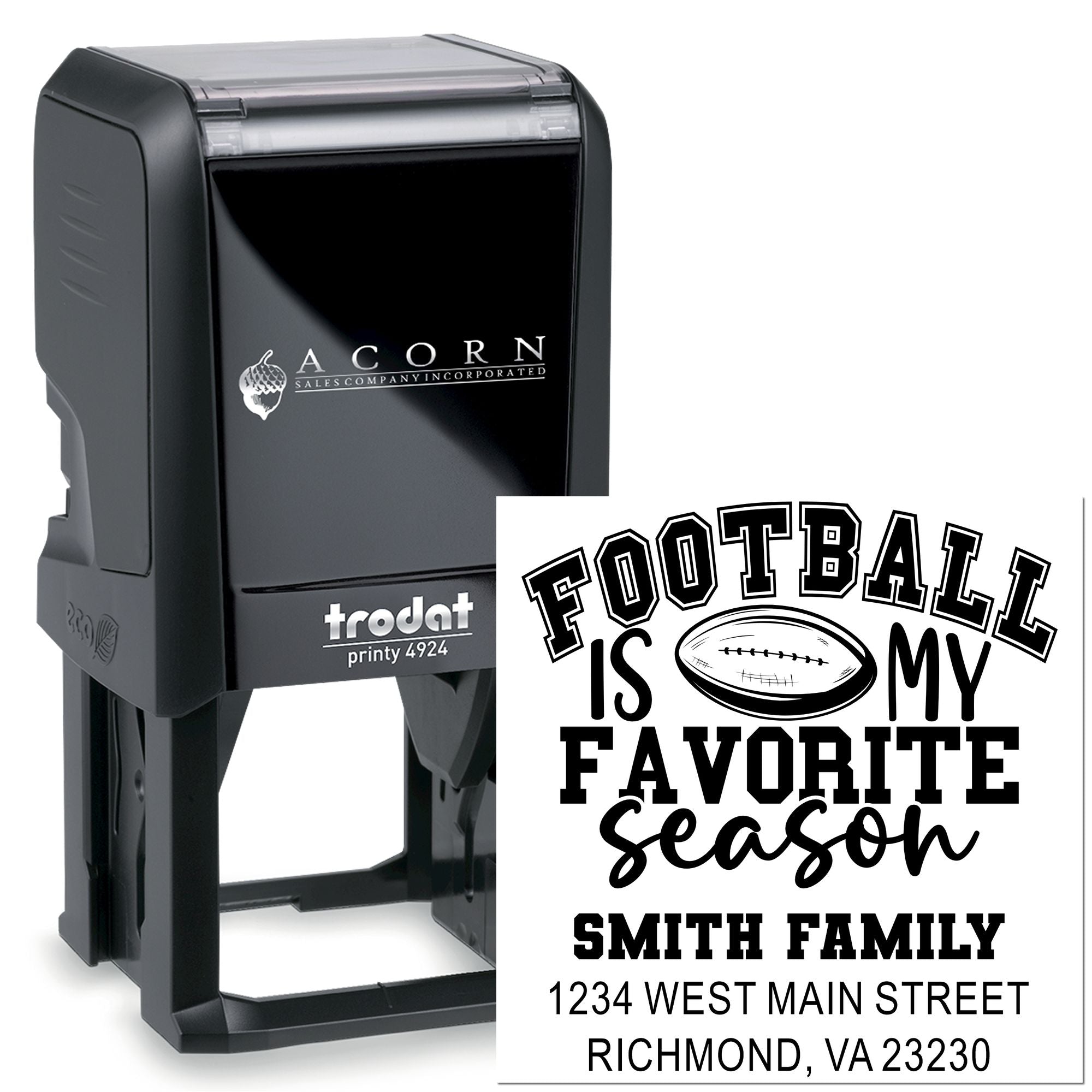 Custom self-inking rubber stamp with football slogan and family return address for personalized mail and sports-themed packaging.