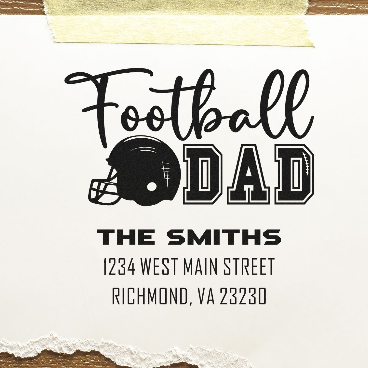 Custom football dad return address rubber stamp for The Smiths, Richmond, VA, with football helmet design.
