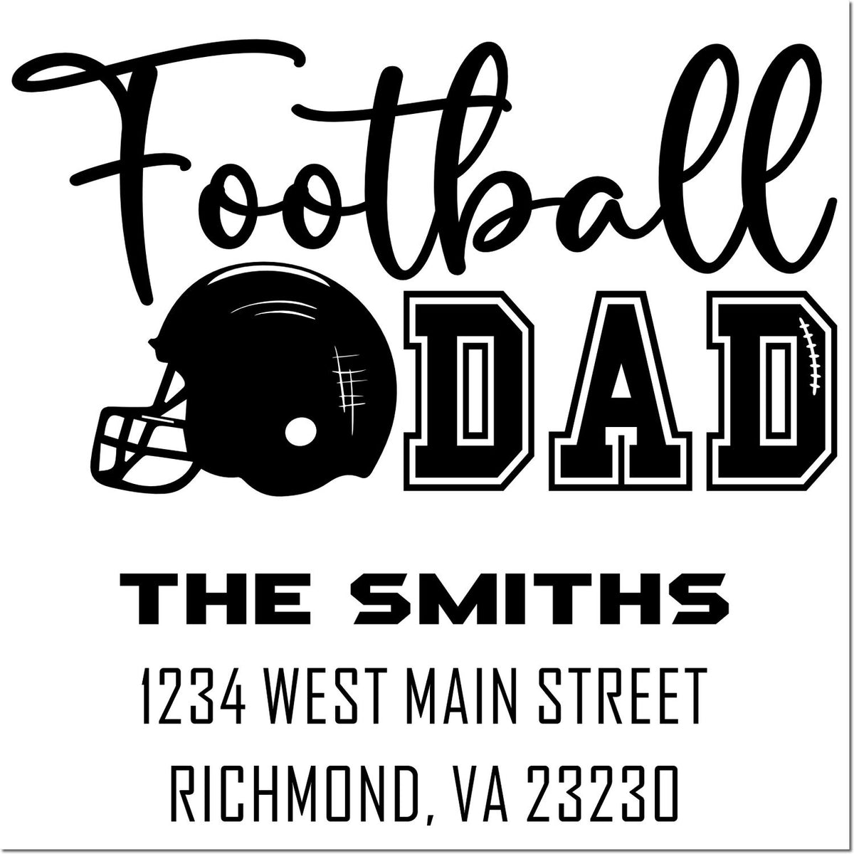 Personalized Football Dad return address rubber stamp with helmet graphic, family name, and address for sports fans.