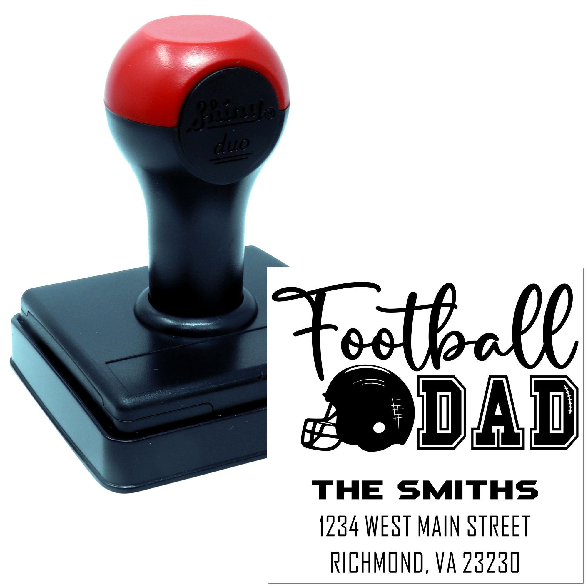 Custom football dad address stamp with helmet design, self-inking rubber stamp for personalized mailings.