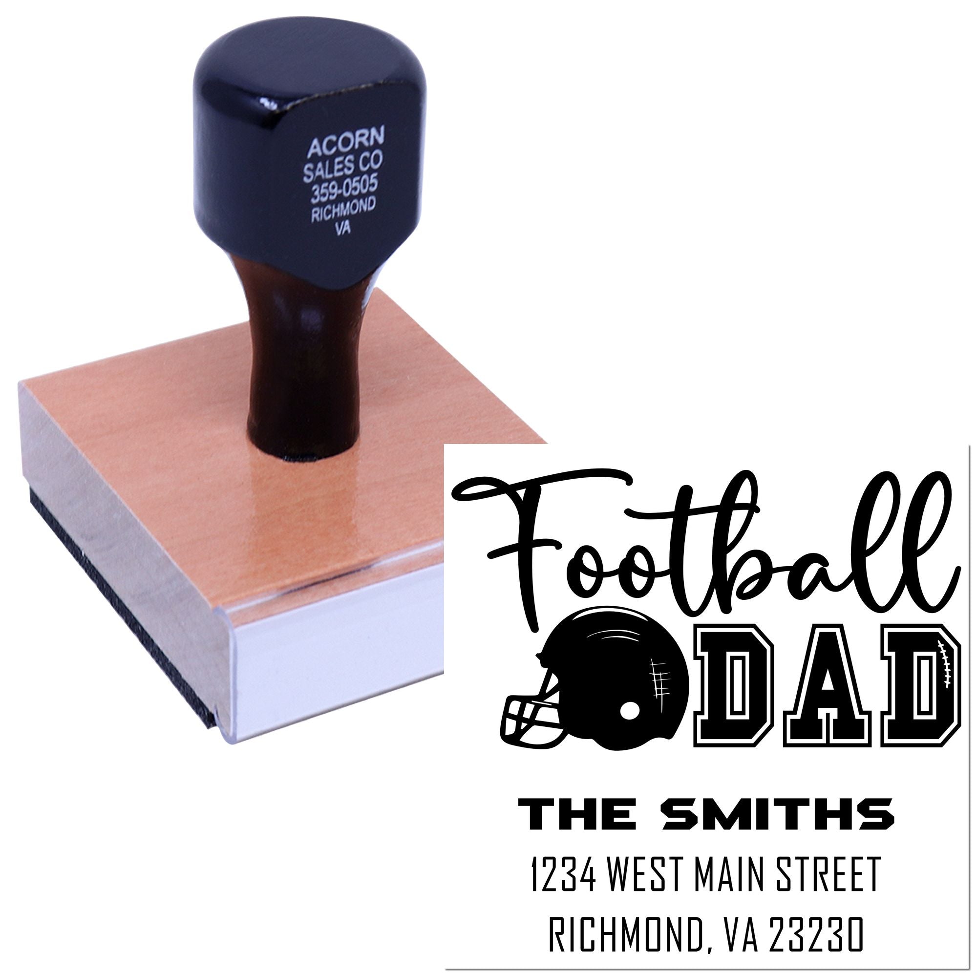 Custom football dad rubber stamp with personalized address imprint and self-inking handle for The Smiths family.