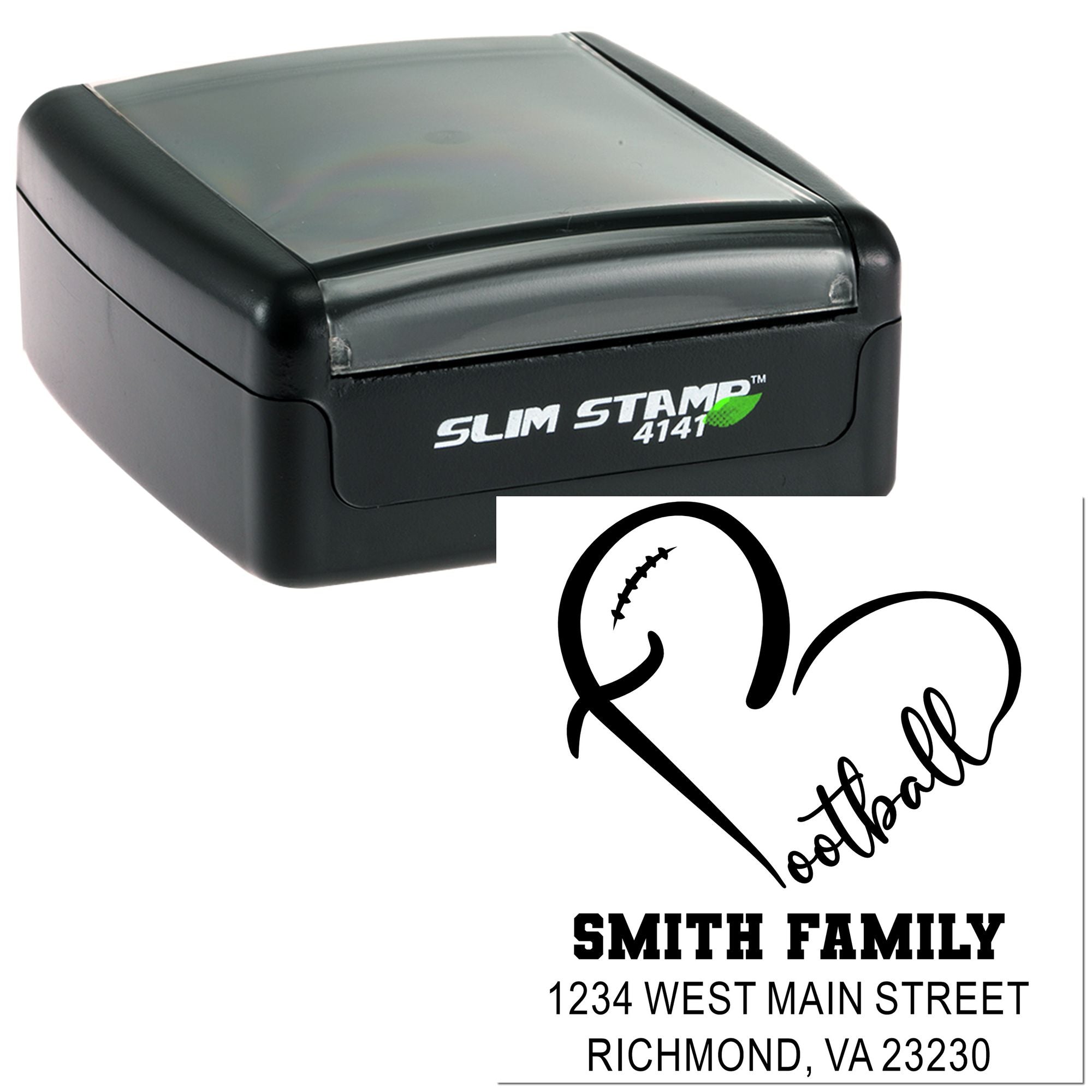 Custom self-inking rubber address stamp with Smith Family return address, Richmond, VA 23230, for mail and stationery.
