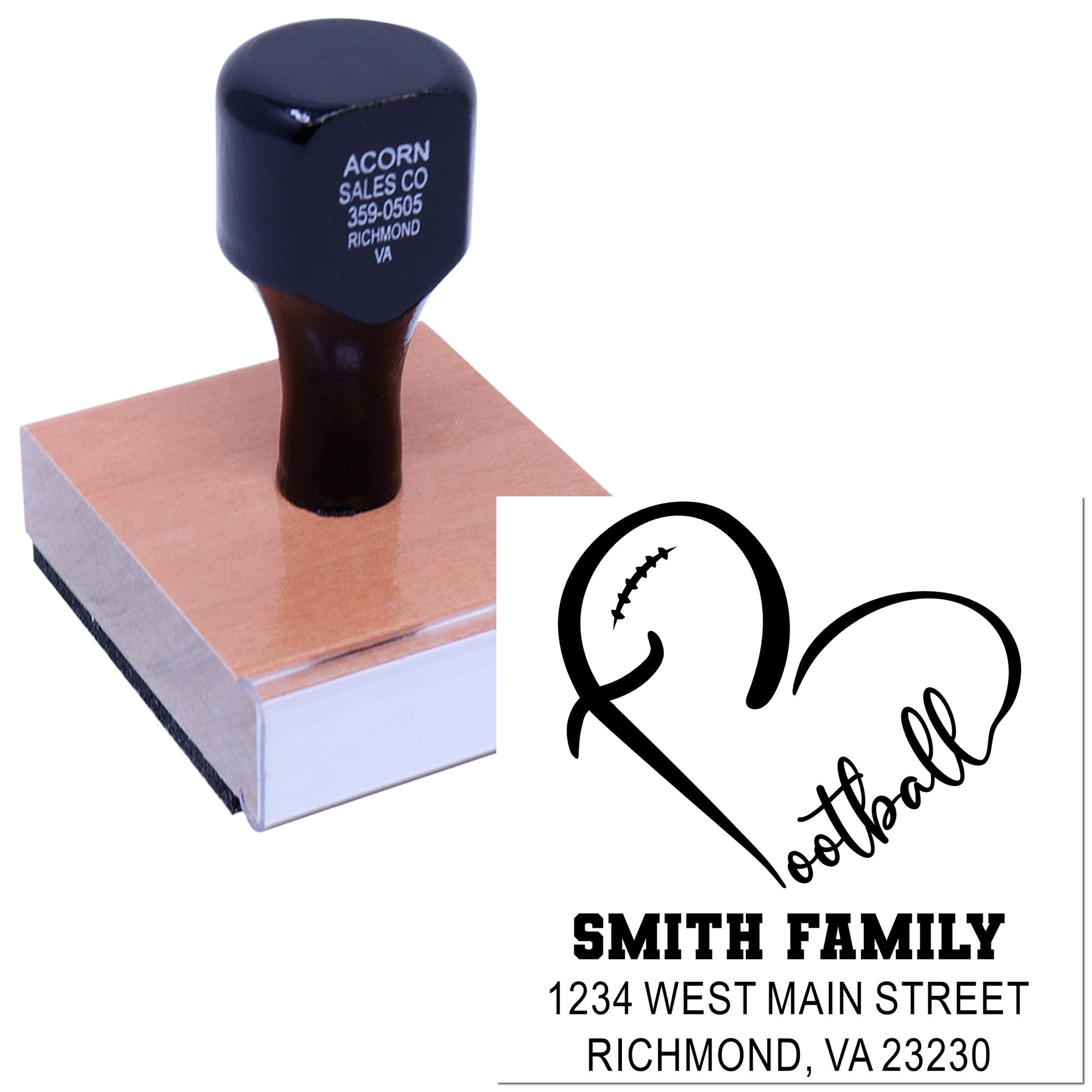 Custom football-themed return address rubber stamp for Smith Family, Richmond, VA 23230.