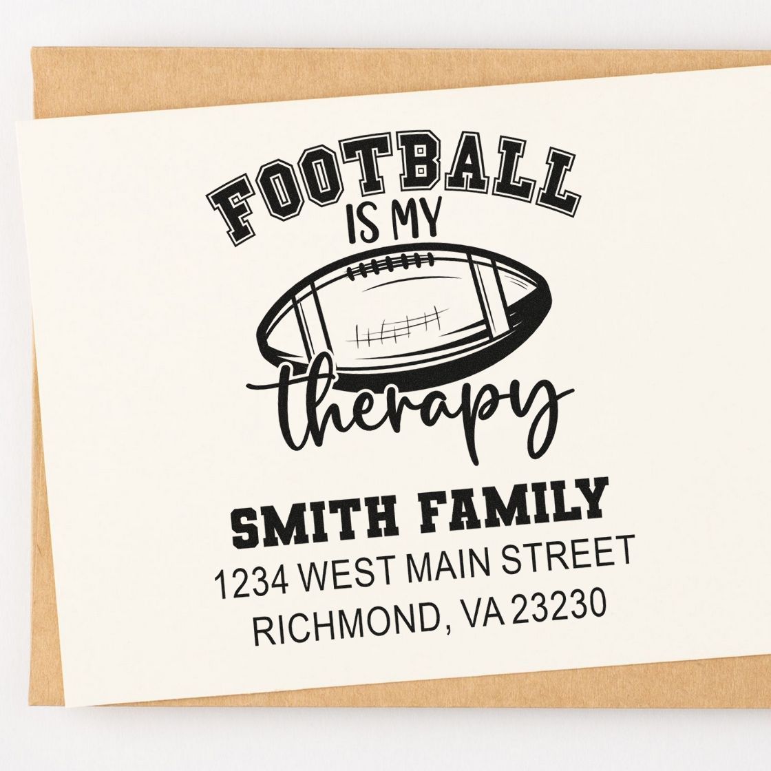 Personalized football return address rubber stamp with Football is my therapy for Smith family mailings
