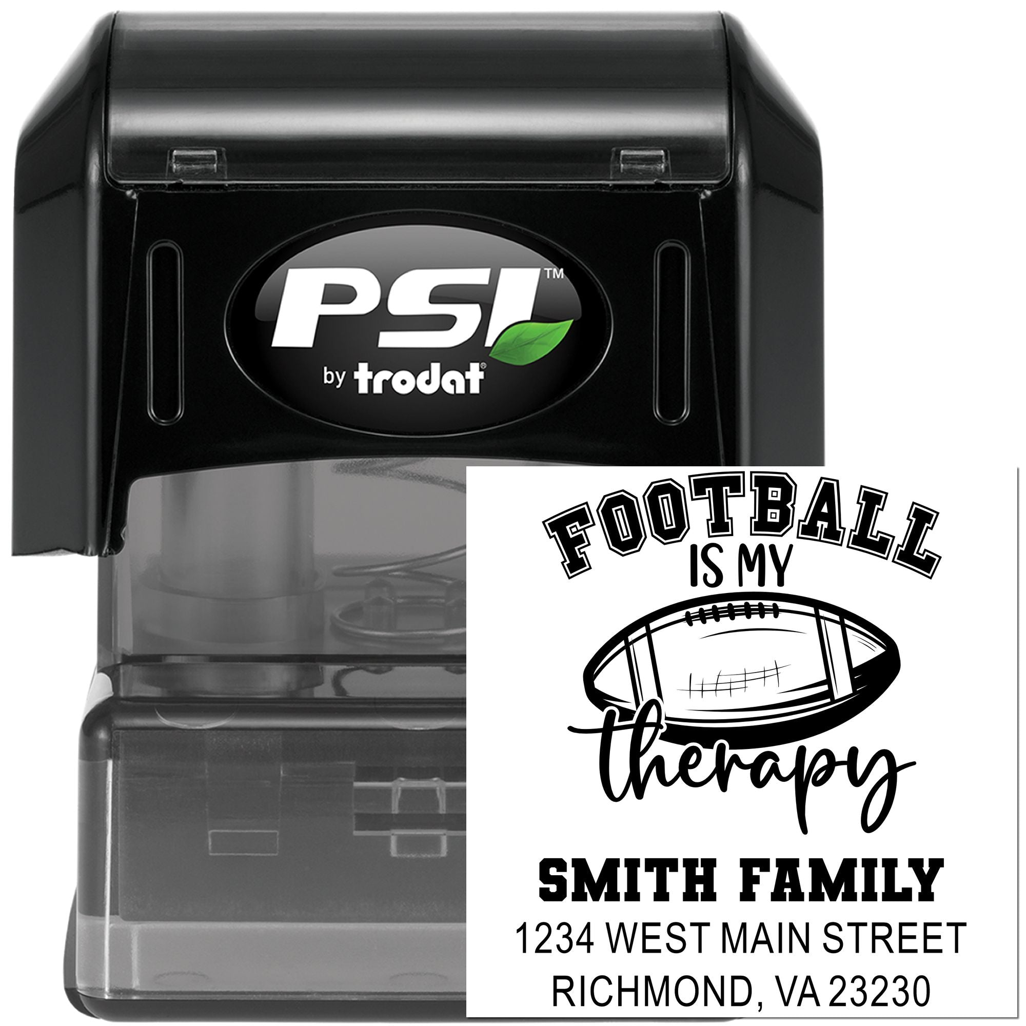 Custom football self-inking return address rubber stamp for The Smith Family, featuring Football Is My Therapy design.