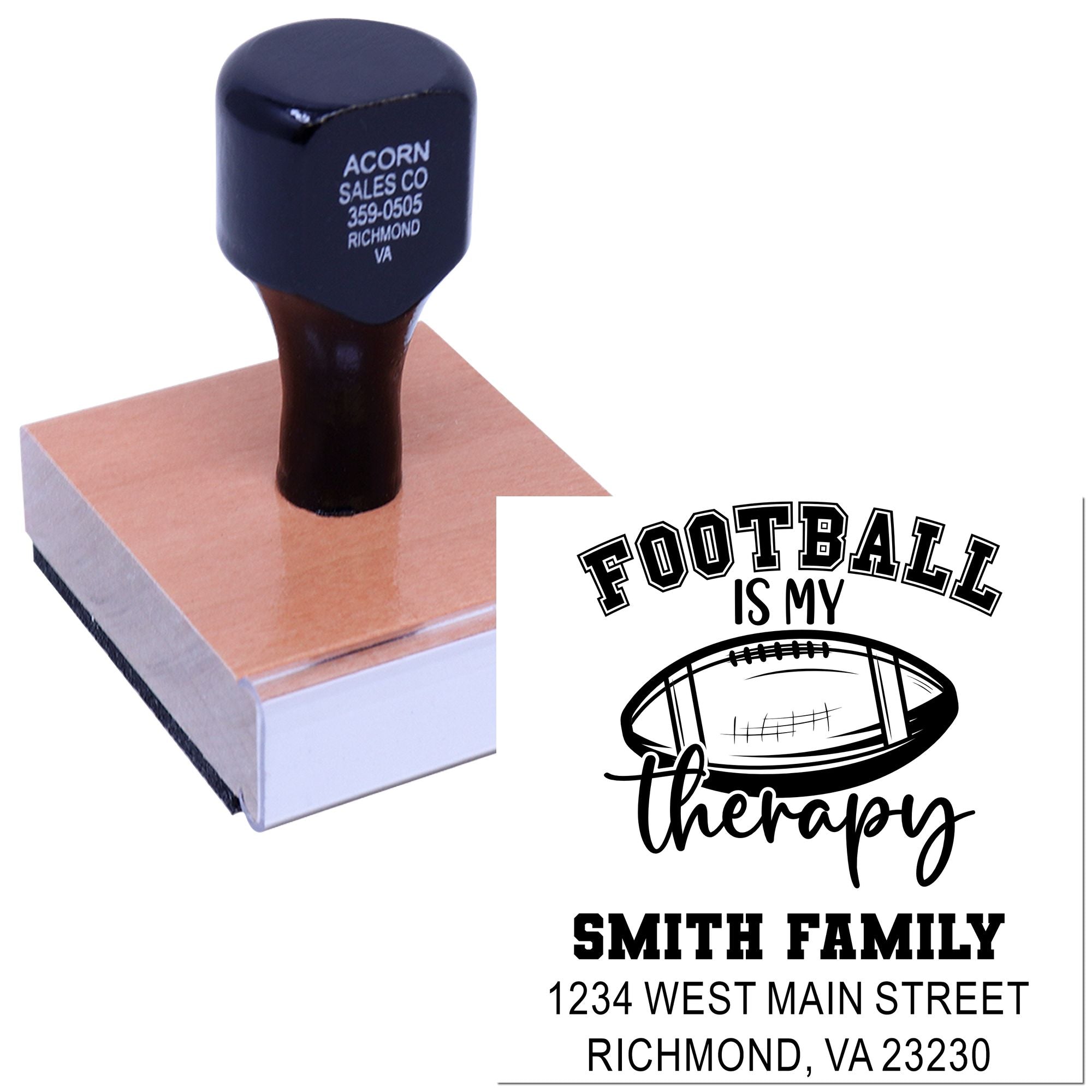 Custom football is my therapy rubber stamp with personalized family name and address for envelopes, crafts, and gifts.