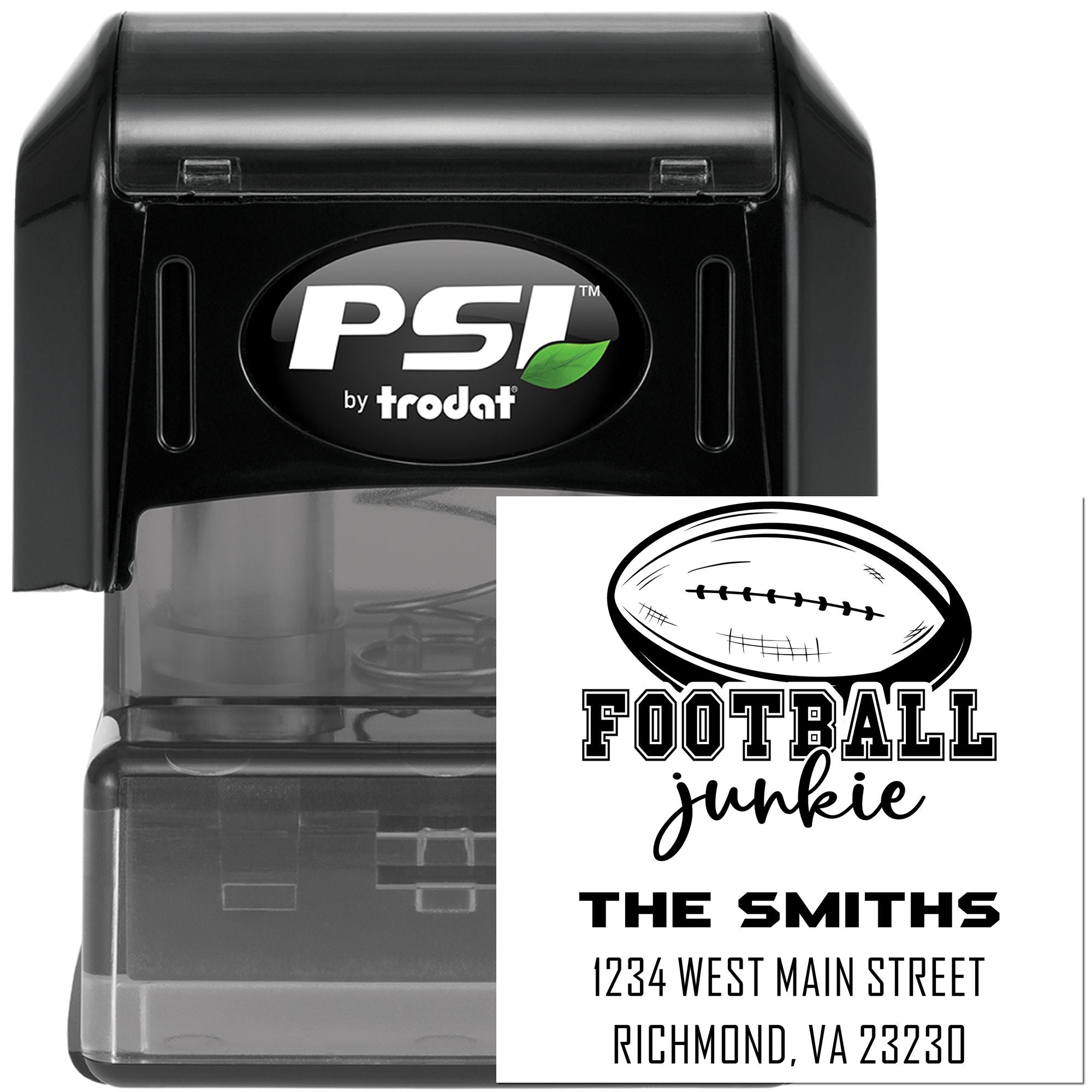 Custom football return address self-inking rubber stamp by PSI Trodat for personalized name and address imprint.