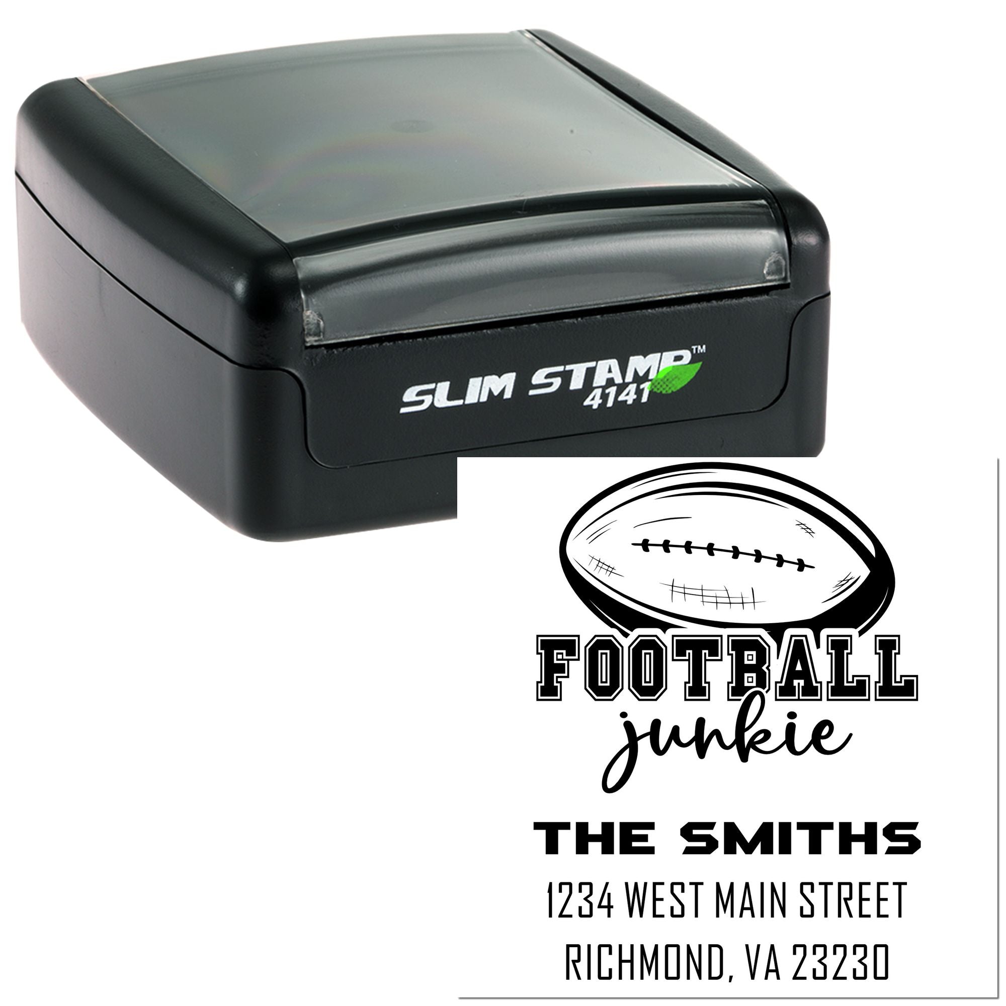Custom football-themed address rubber stamp with Slim Stamp 4141 self-inking stamp for The Smiths, Richmond, VA 23230