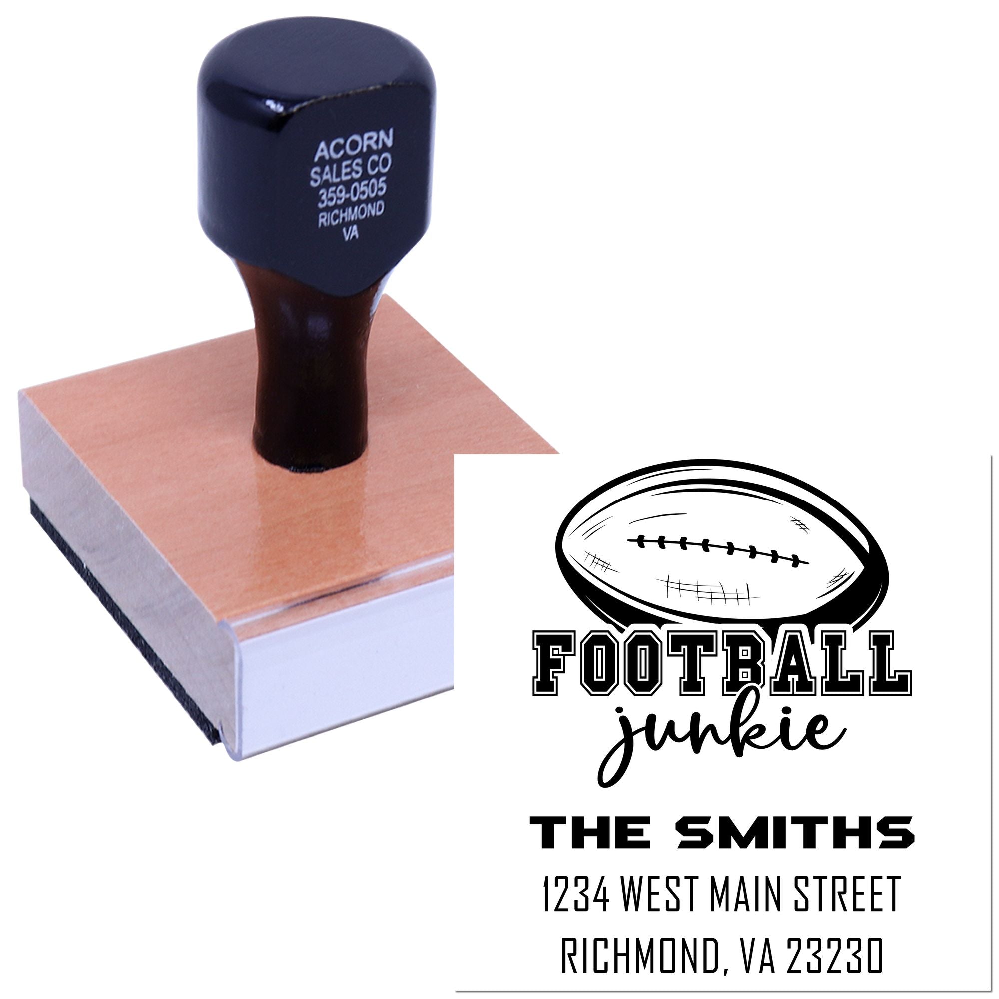 Personalized football junkie rubber stamp with return address for The Smiths, Richmond, VA