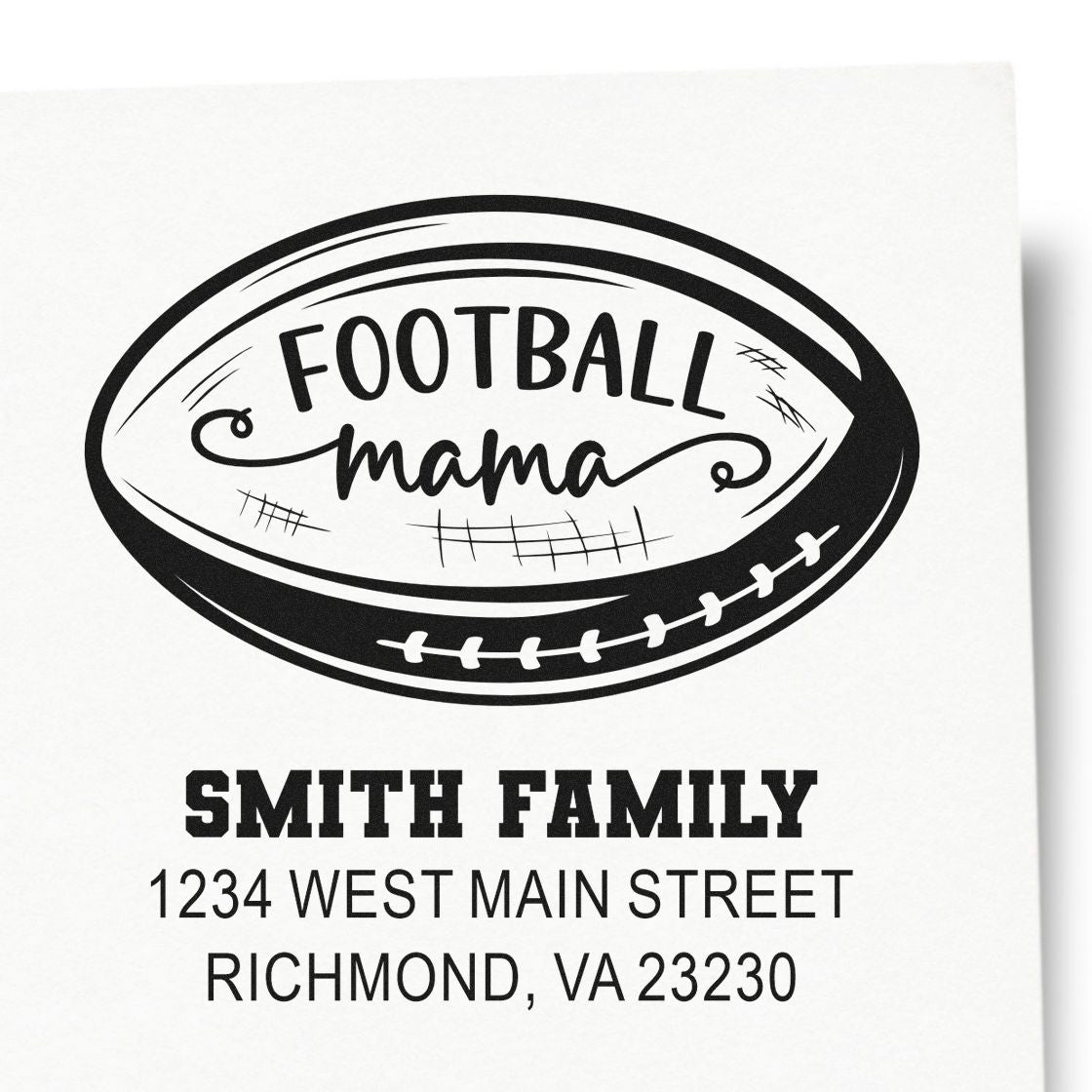 Custom football mama return address rubber stamp for Smith Family, 1234 West Main Street, Richmond, VA 23230.