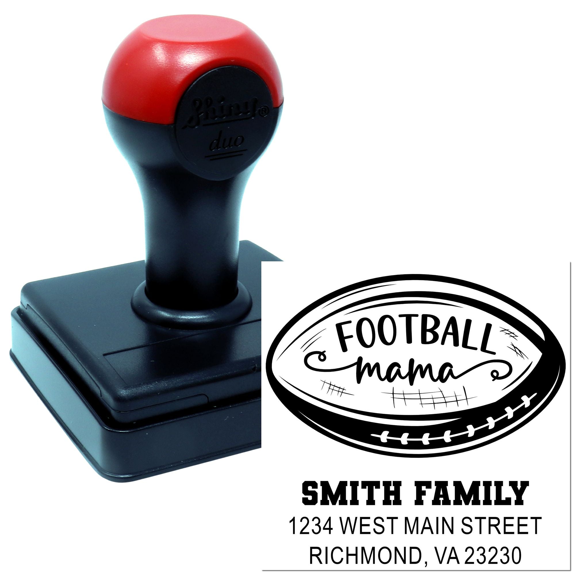 Custom football mama self-inking rubber stamp with family name and return address.
