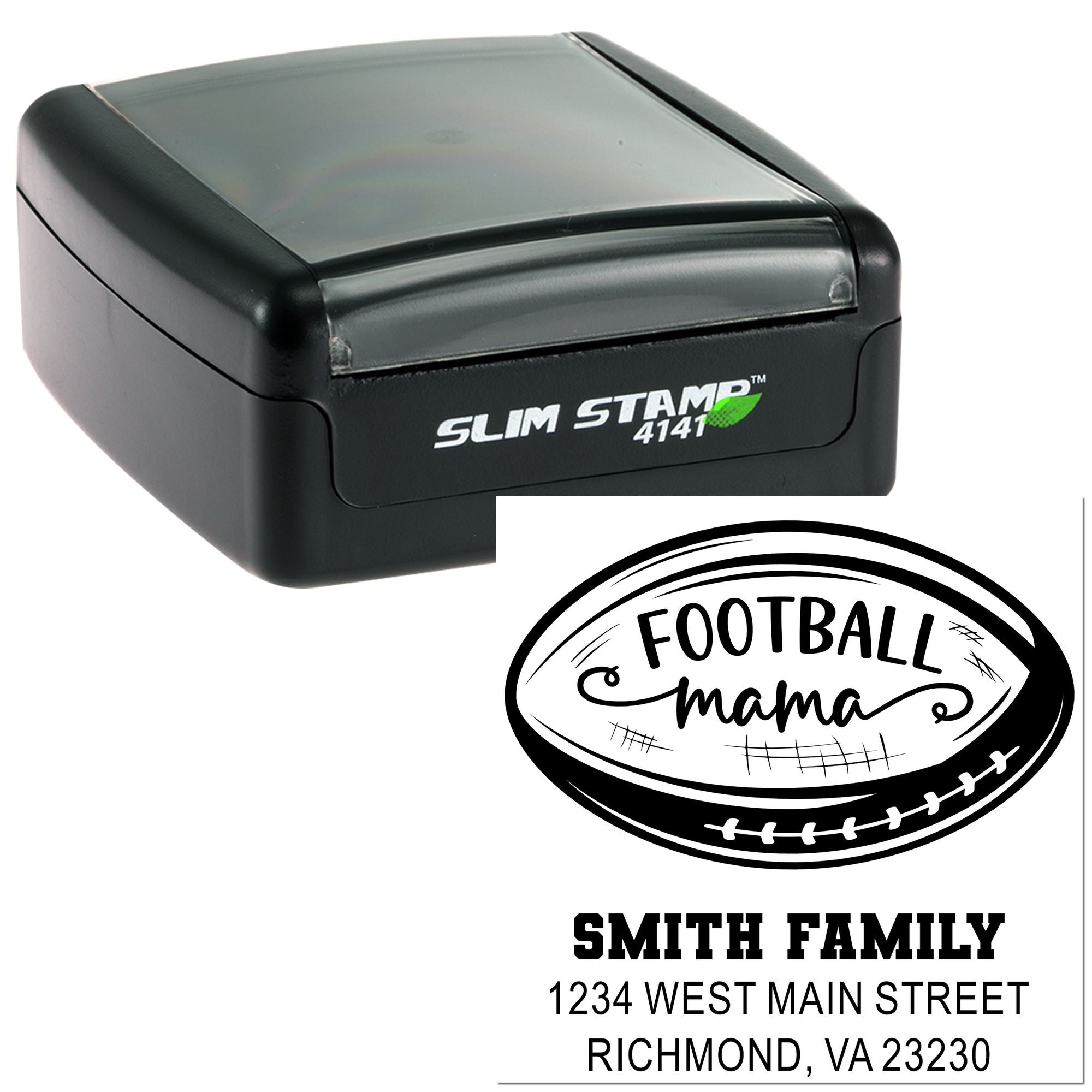 Custom self-inking rubber stamp for Football Mama with family name and address, shown in Slim Stamp 4141 case.