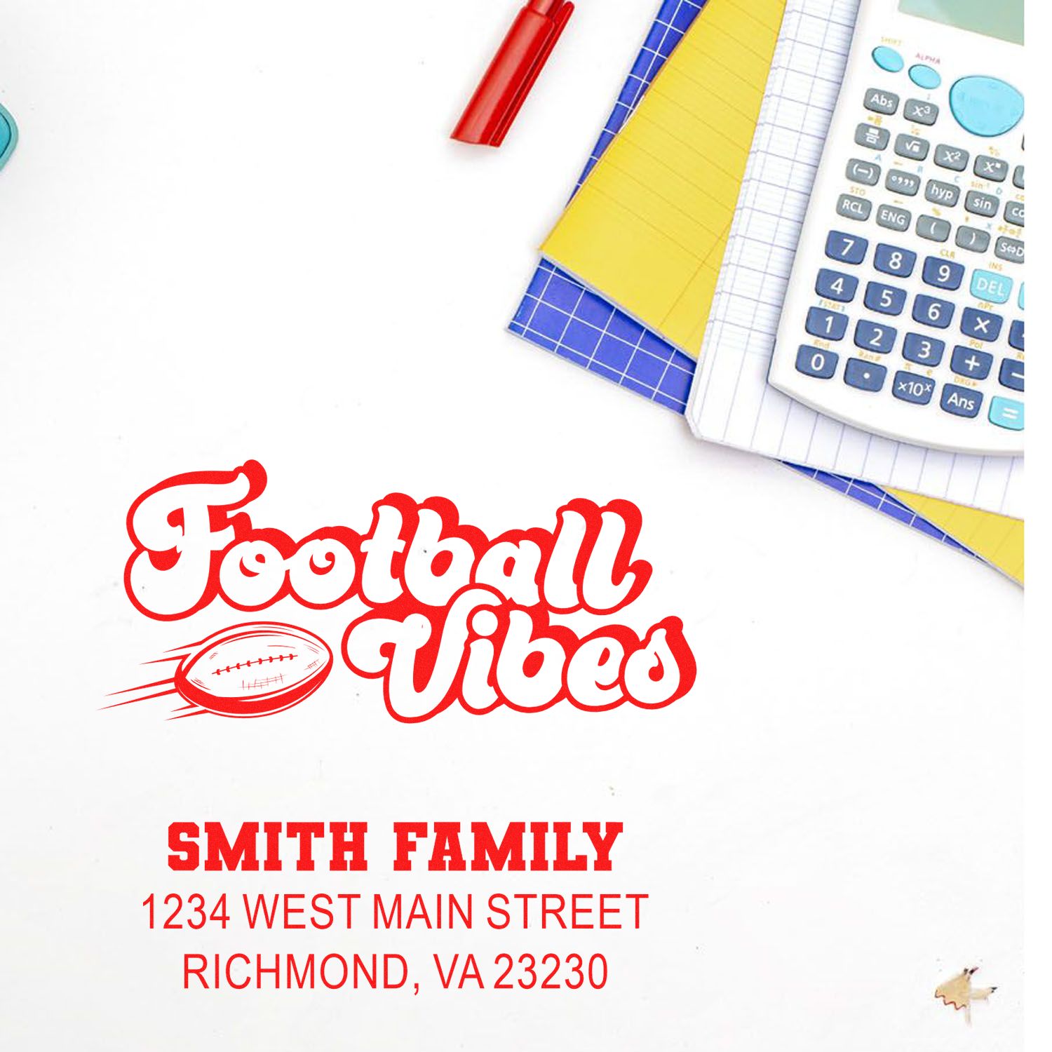 Custom football vibes return address rubber stamp for Smith Family, with sports-themed logo and home mailing details.