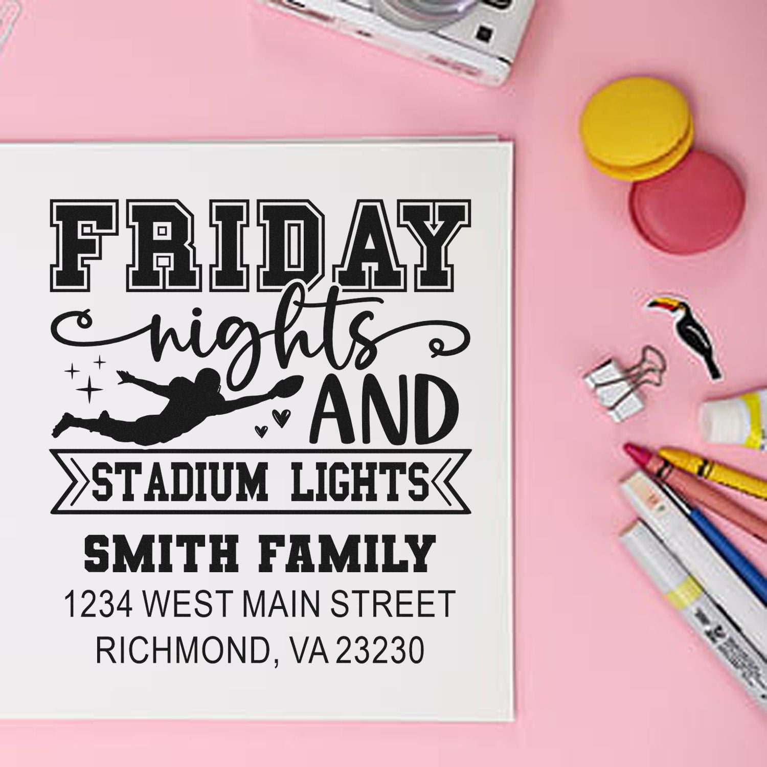 Personalized rubber stamp for Smith Family with Friday nights and stadium lights and custom address on a return address stamp.