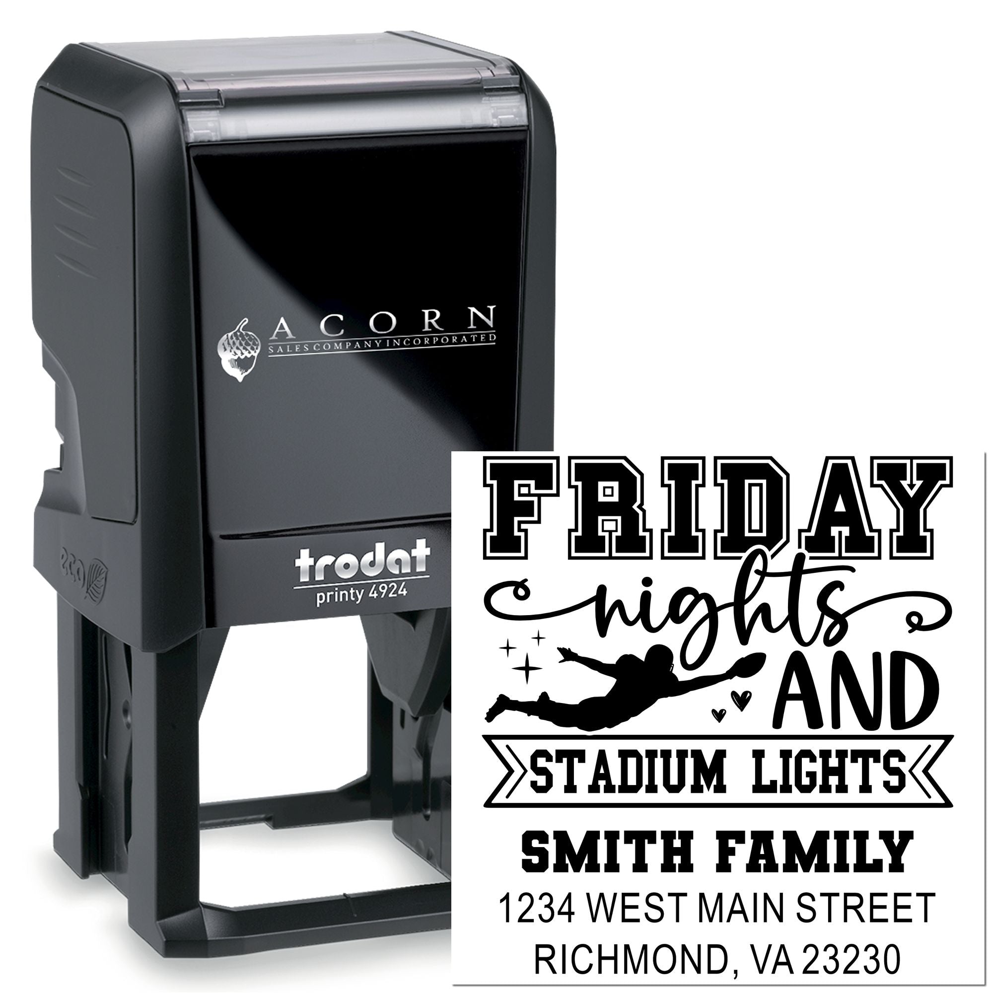 Trodat self-inking rubber stamp with custom Friday Nights and Stadium Lights family address imprint.