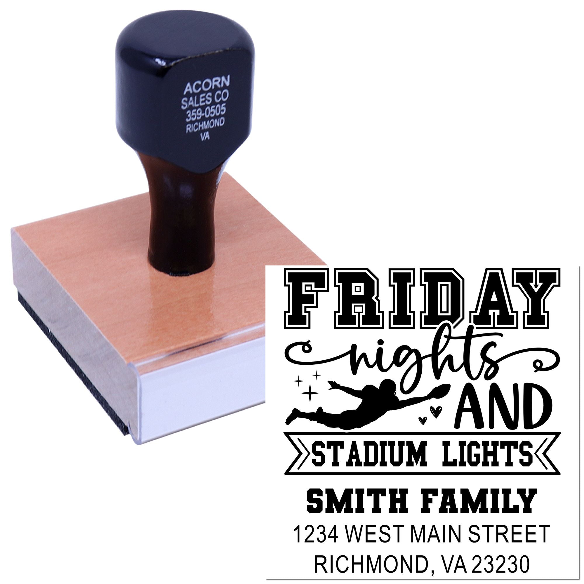 Personalized rubber stamp with Friday Nights and Stadium Lights design, Smith family name, and address for custom mailings.