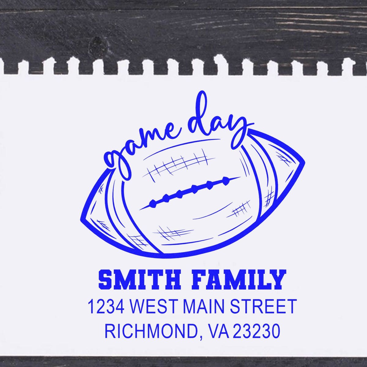 Custom football game day address stamp for Smith Family, perfect for personalized mailing and sports-themed invitations.