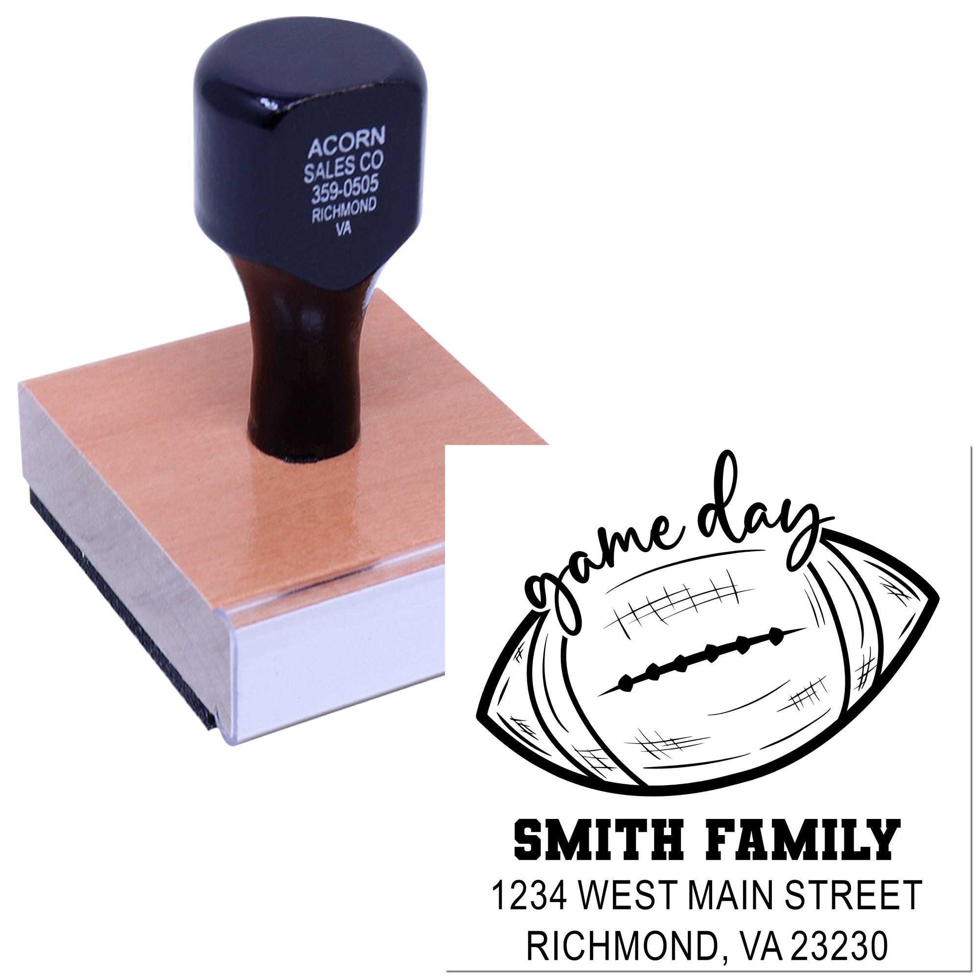 Personalized football return address rubber stamp for Smith Family, Richmond, VA mailing labels