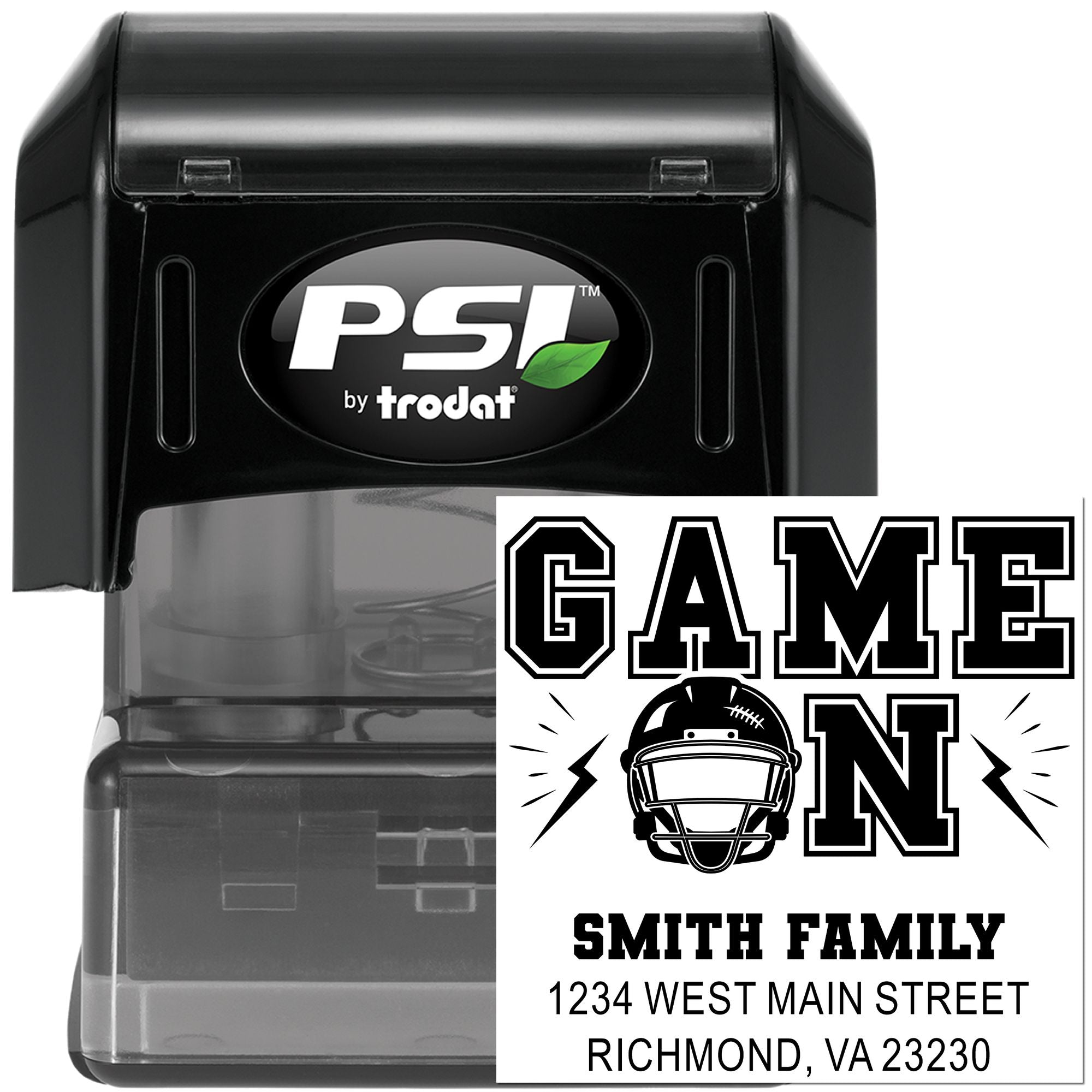Custom self-inking rubber stamp with football game day design, family name, and address for personalized mail and invitations.
