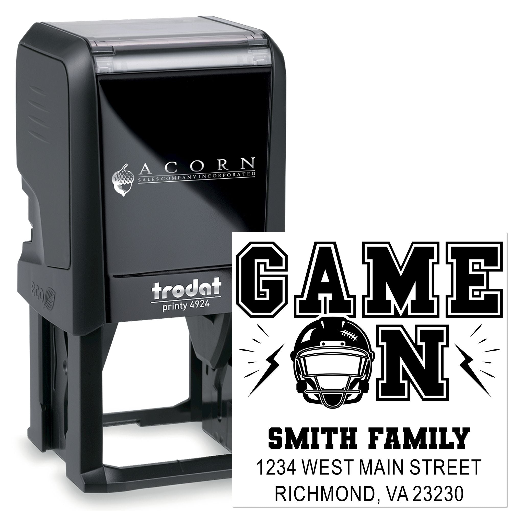 Trodat self-inking rubber stamp for game day mailers, with custom family name, address, and football helmet design.