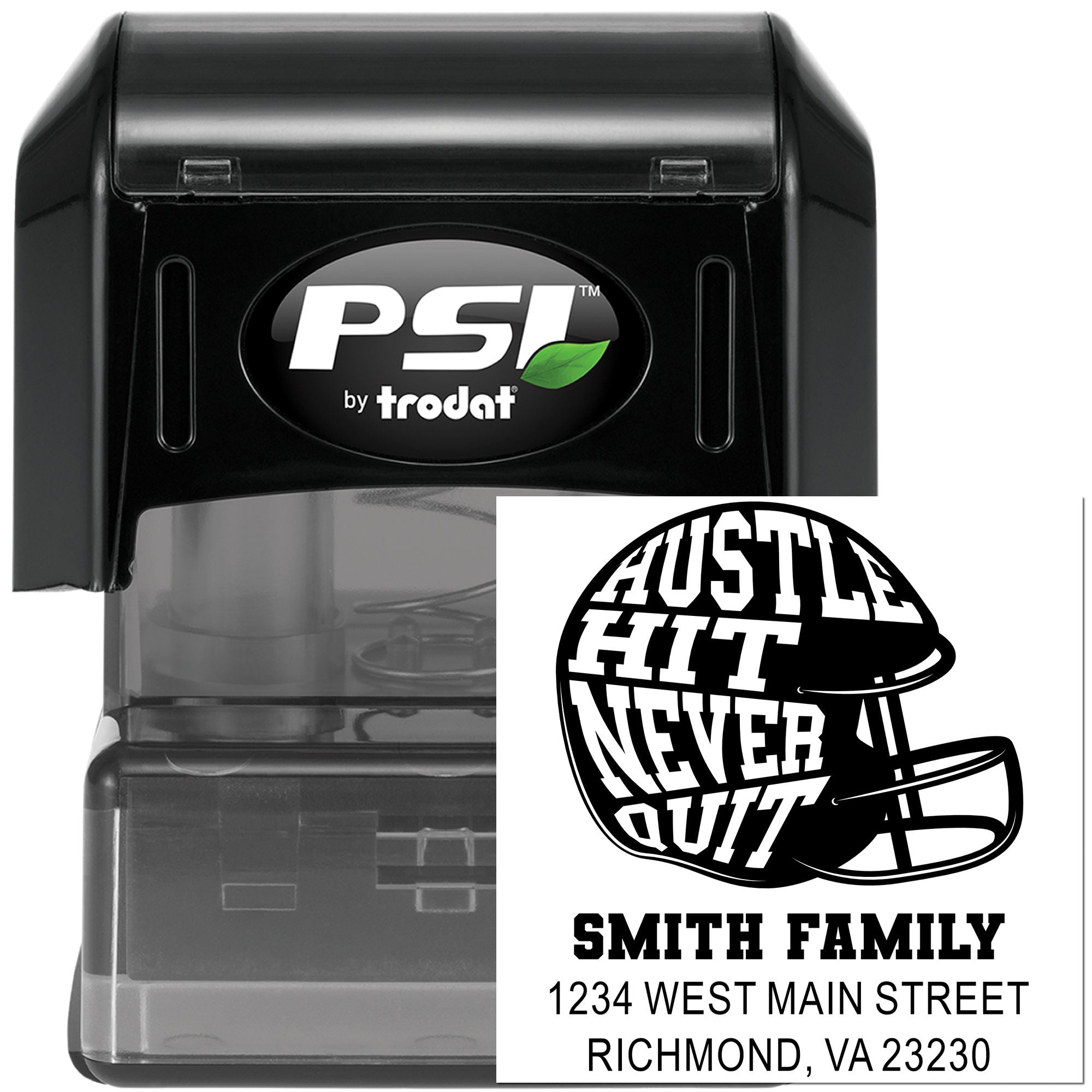 PSI by Trodat self-inking custom rubber stamp with baseball helmet logo, Hustle Hit Never Quit, Smith Family address.