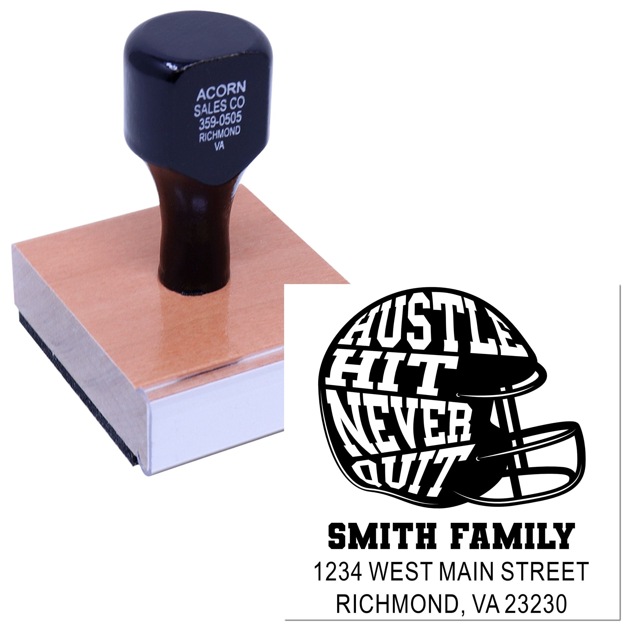 Custom rubber address stamp featuring football helmet art and Hustle, Hit, Never Quit Smith family return address design.