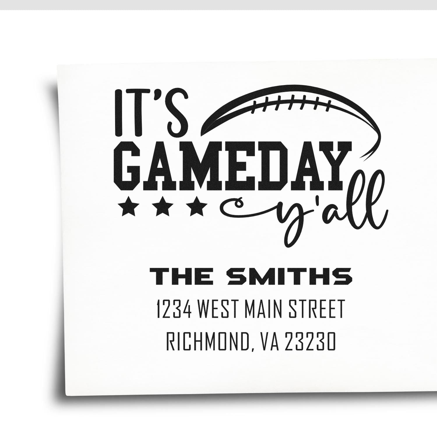 Custom football gameday rubber stamp for The Smiths with address and Its Gameday Yall design