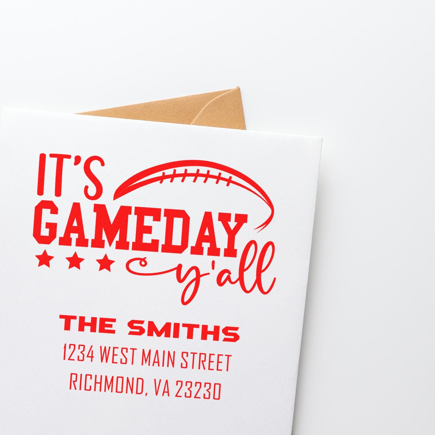Custom football gameday rubber stamp mockup with Its Gameday Yall and personalized return address.