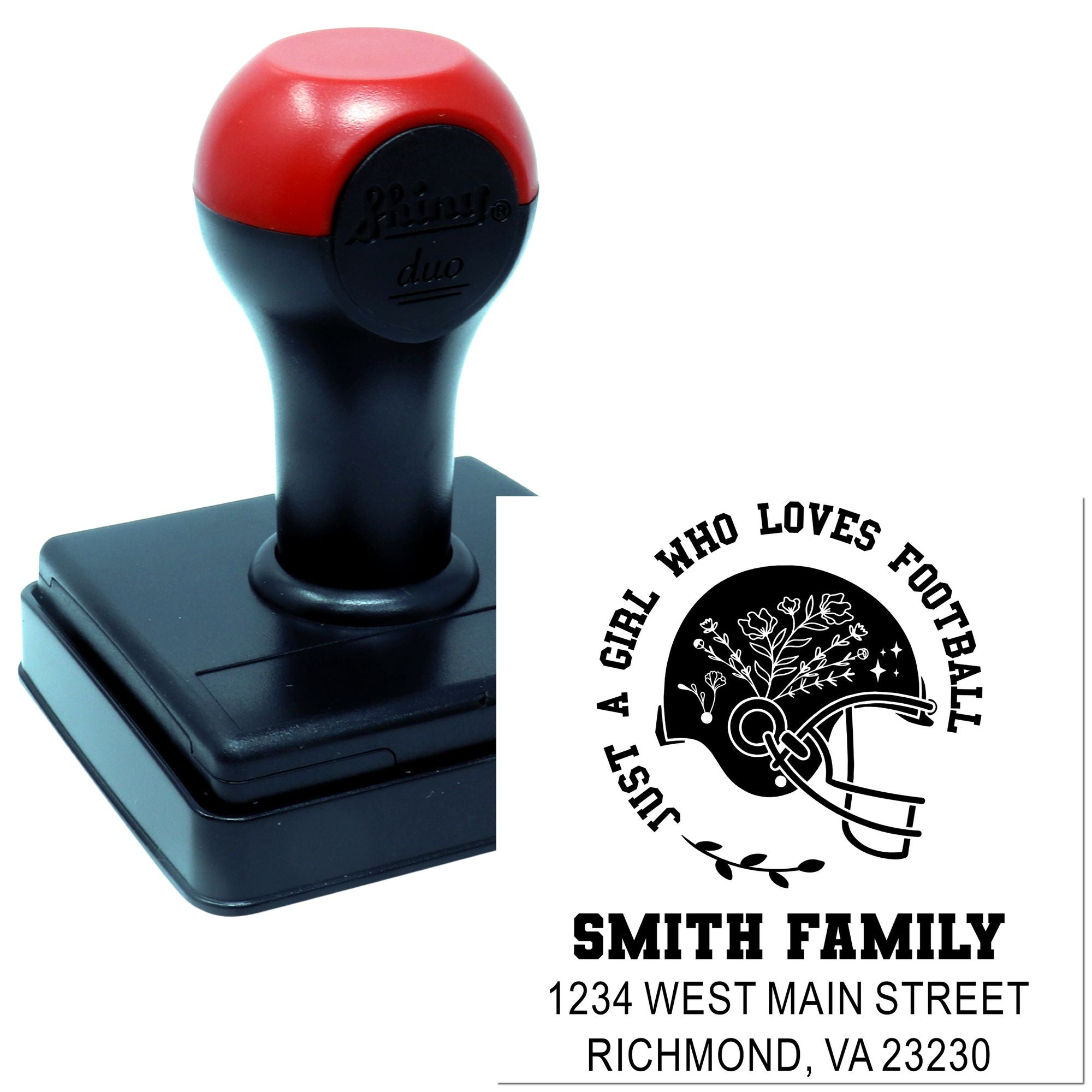 Custom self-inking rubber stamp with football helmet design and personalized return address for family mailings.