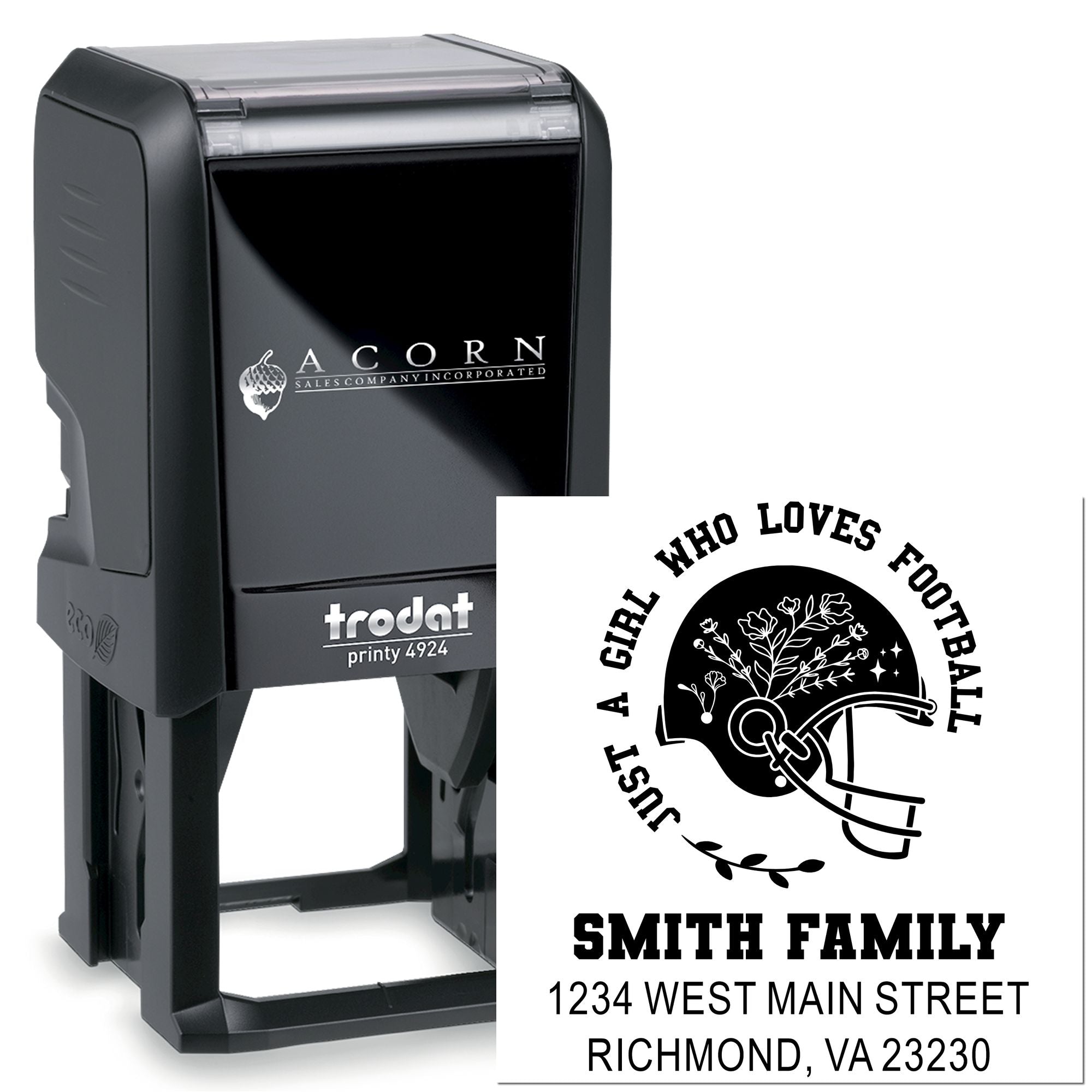 Custom self-inking rubber stamp with football helmet design, Smith Family address, and Trodat Printy 4924 stamp case.