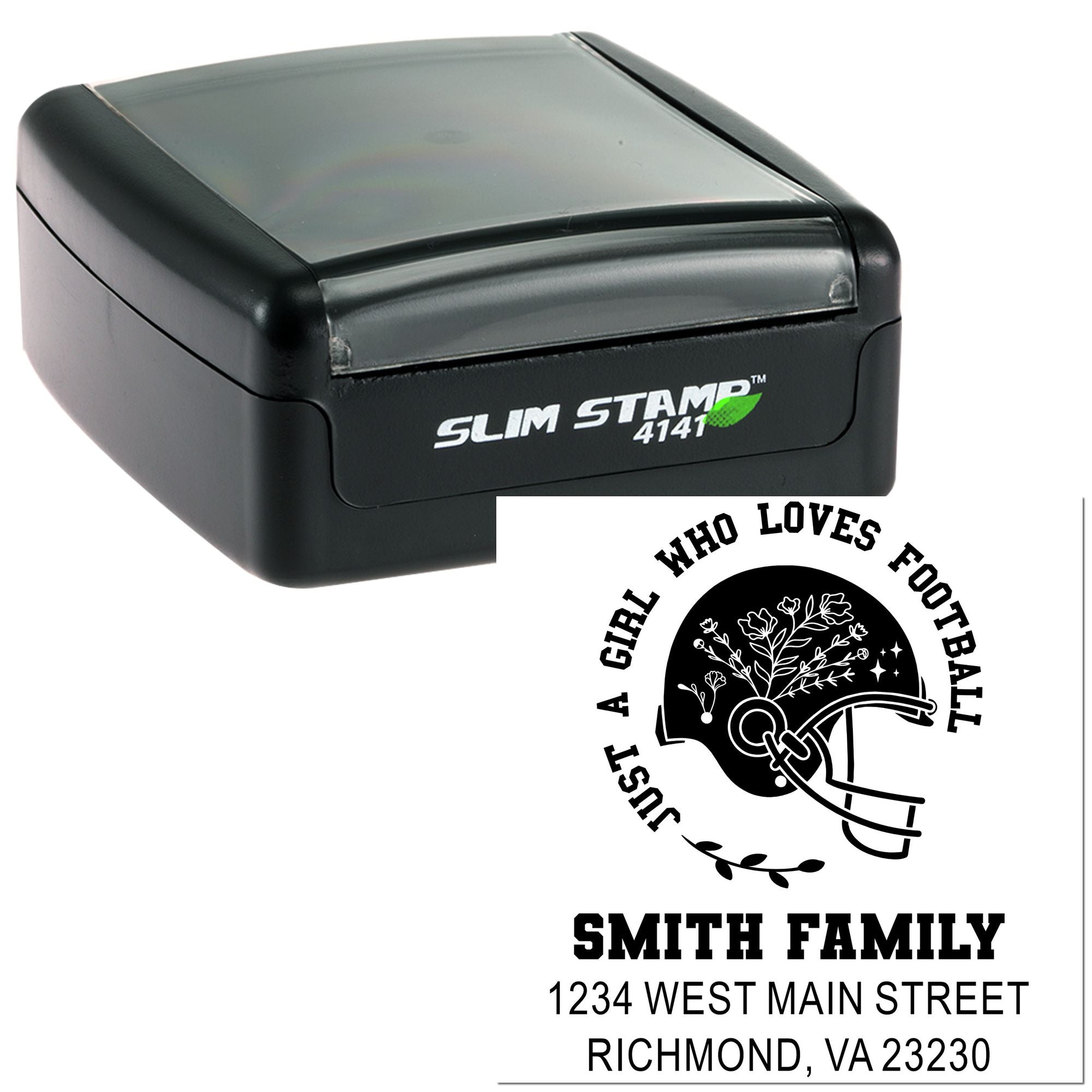 Custom self-inking rubber stamp with football-themed family return address design, perfect for personalized mailings and address labeling