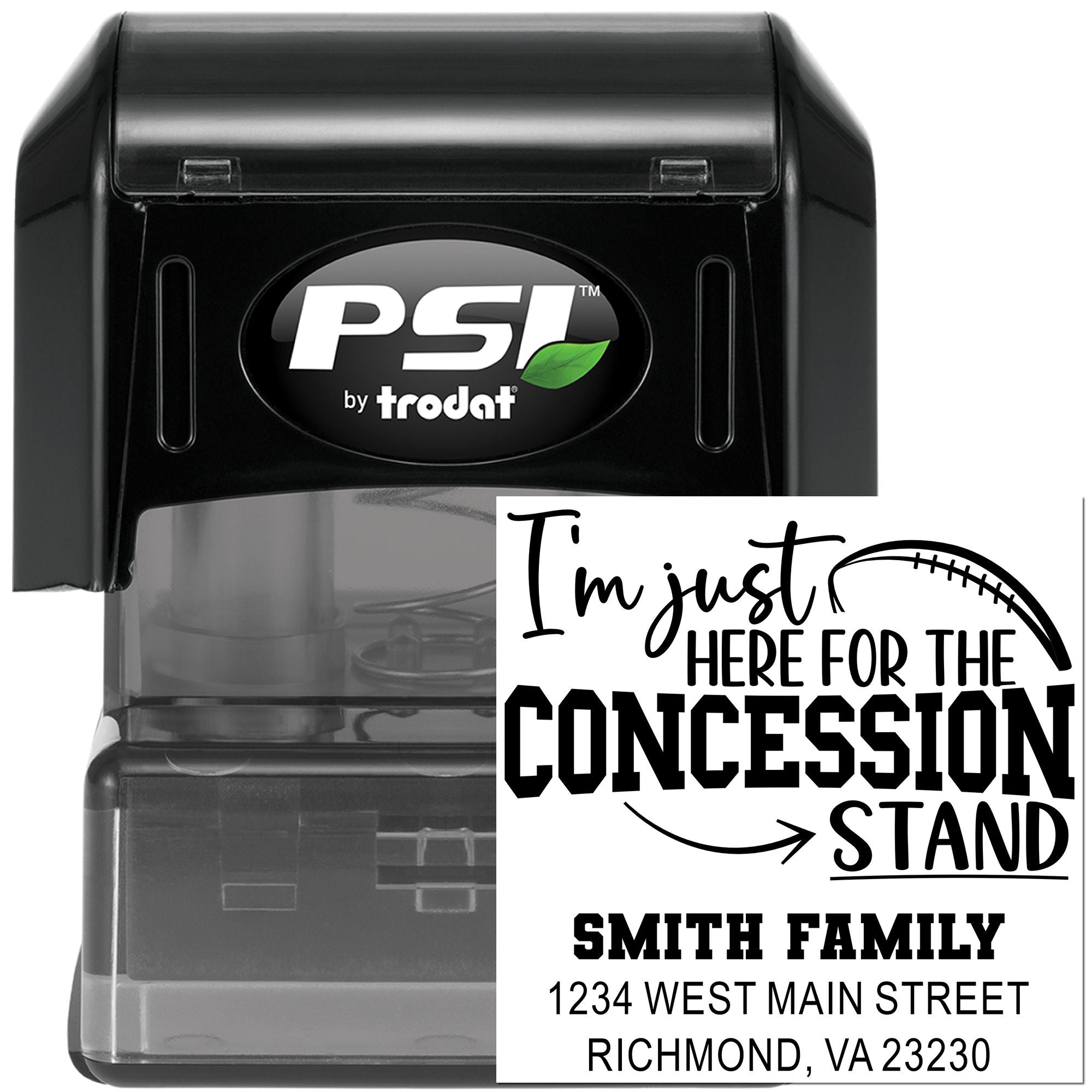 PSI by Trodat custom self-inking rubber stamp with concession stand design and family address imprint