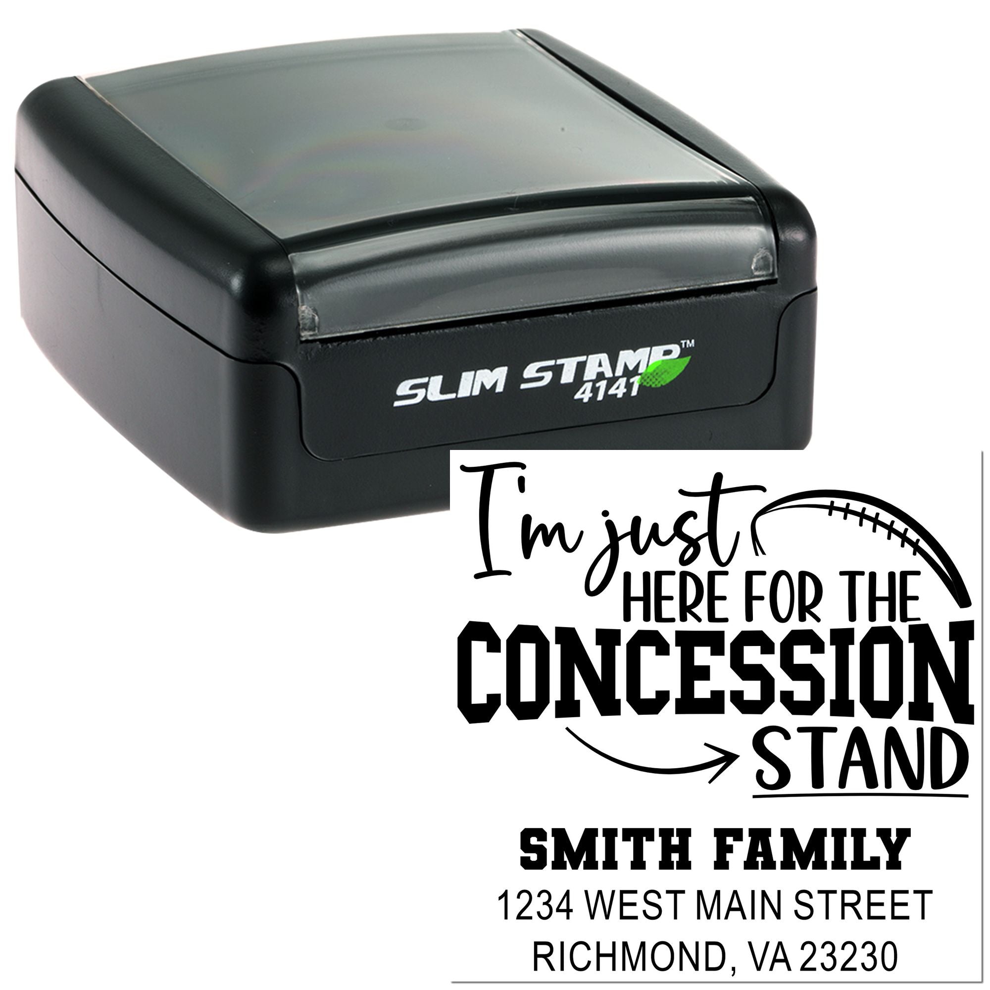 Self-inking Slim Stamp 4141 custom rubber stamp with concession stand address design for family branding or business mailings.
