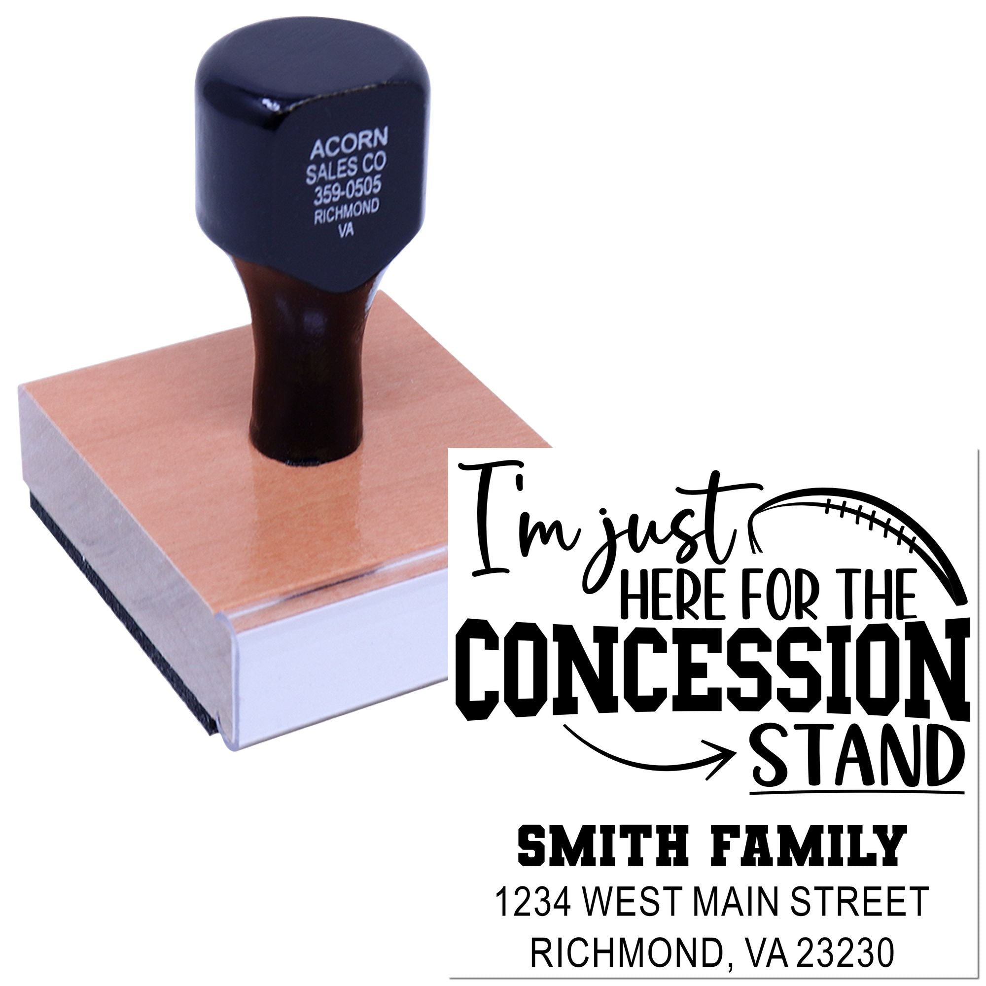 Custom personalized rubber stamp with Im just here for the concession stand and Smith family address.