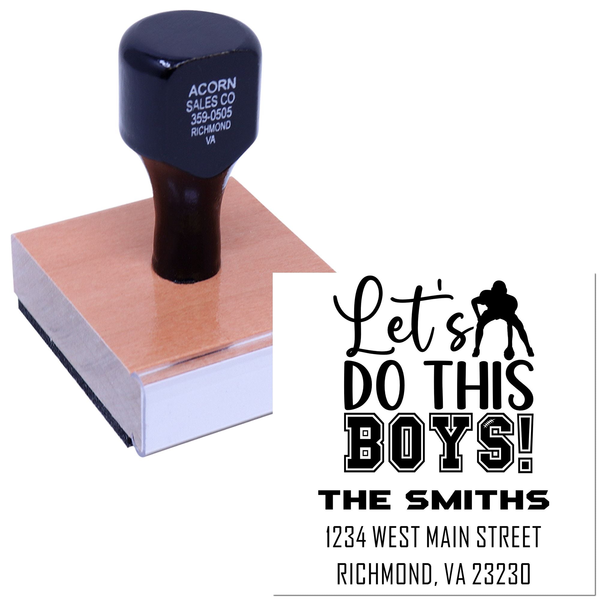 Custom sports-themed rubber stamp with Lets Do This Boys! message and name/address imprint for personalized family events.