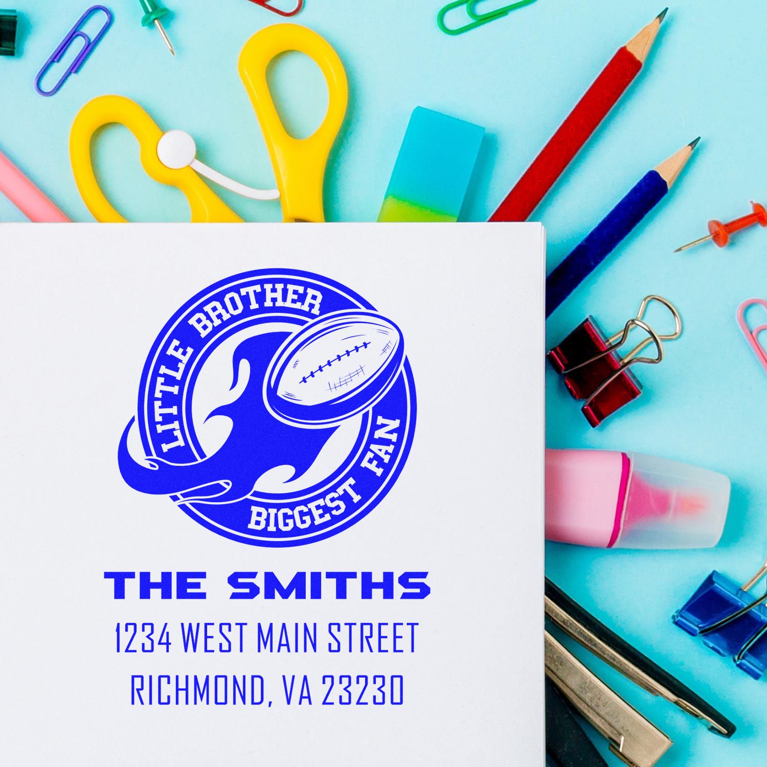 Custom rubber stamp design for The Smiths with Little Brother Biggest Fan graphic and return address on white paper.