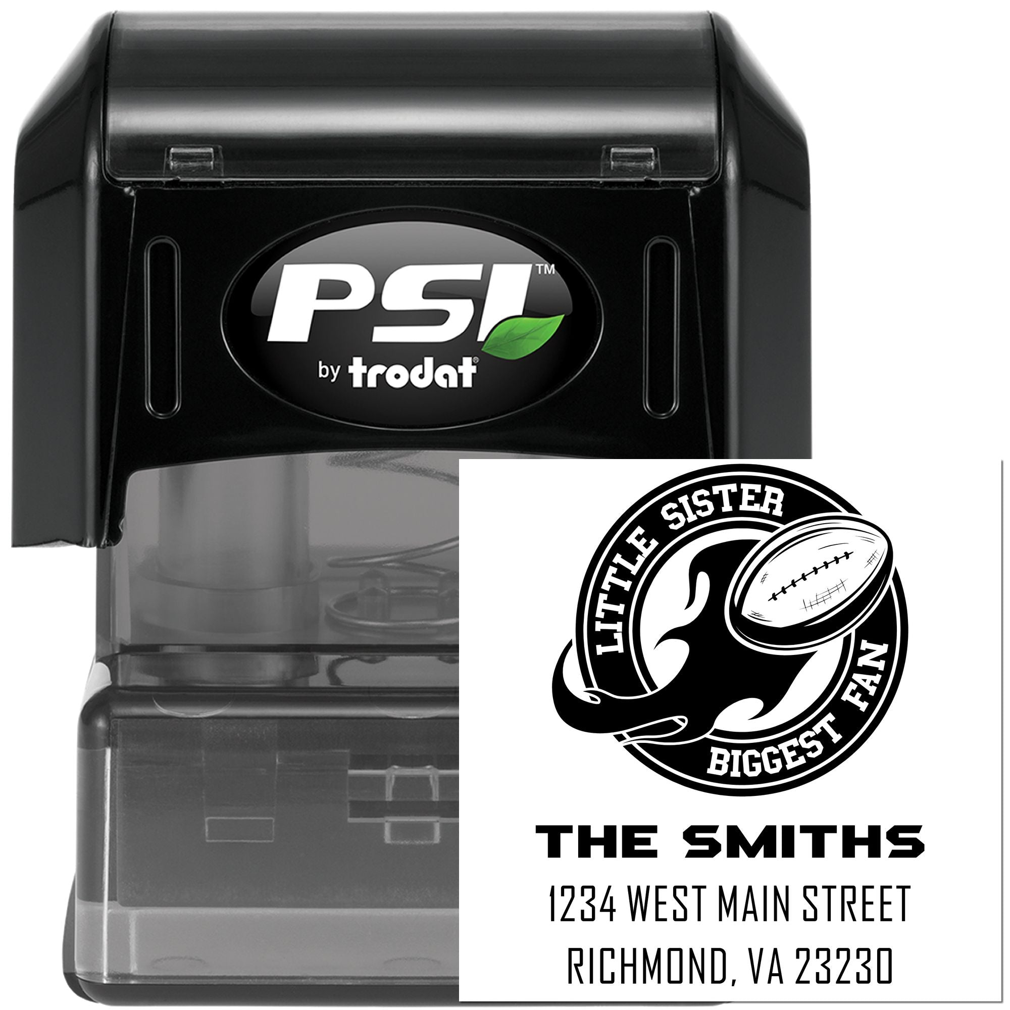 Custom football fan self-inking rubber stamp by PSI Trodat with The Smiths return address and sports logo design.
