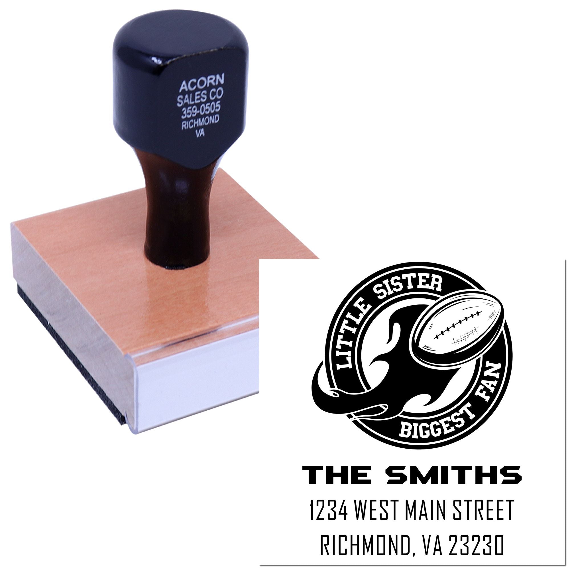 Custom football fan rubber stamp with family name and address for personalized return addressing on envelopes.