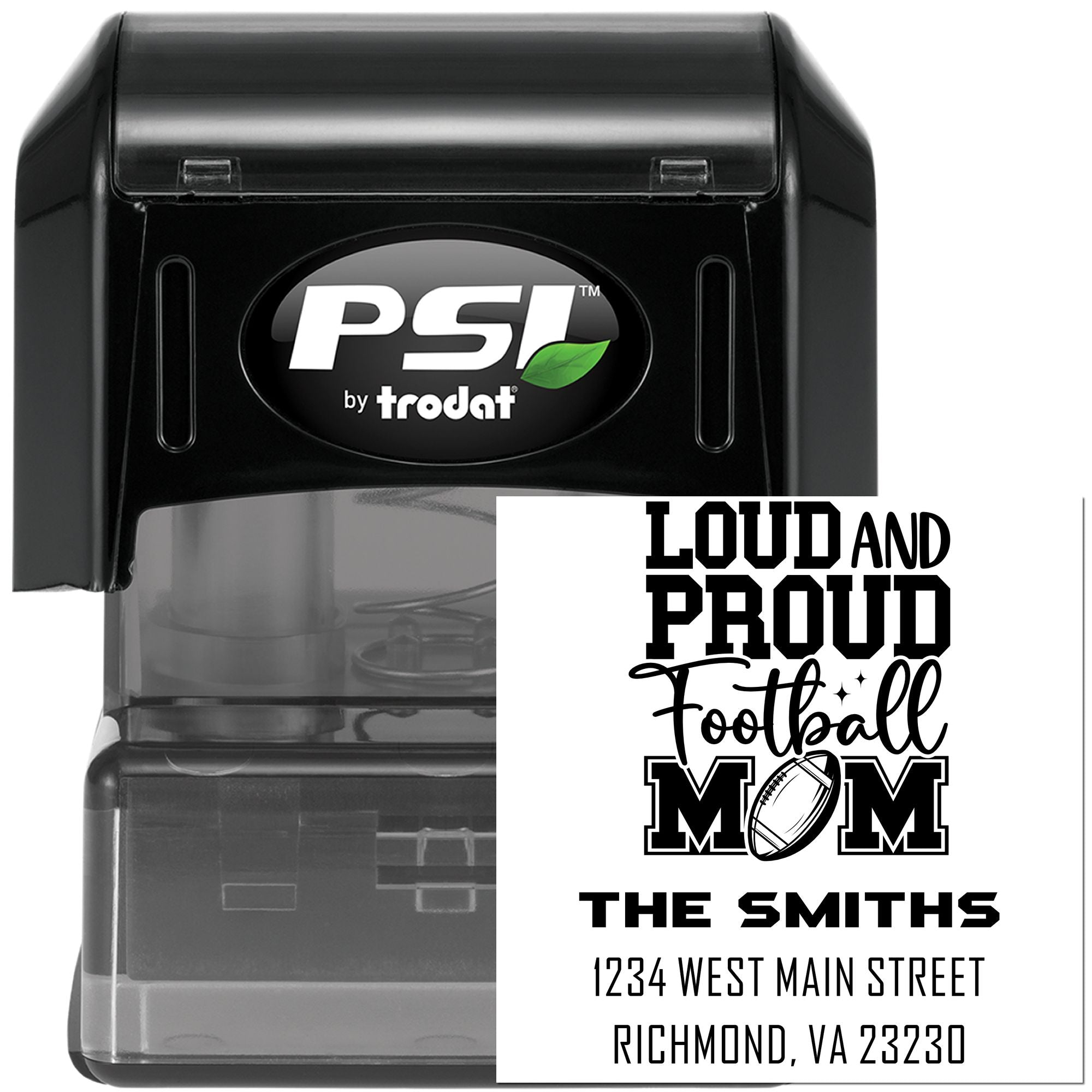 Custom self-inking rubber stamp for football moms with bold "Loud and Proud Football Mom" return address design.