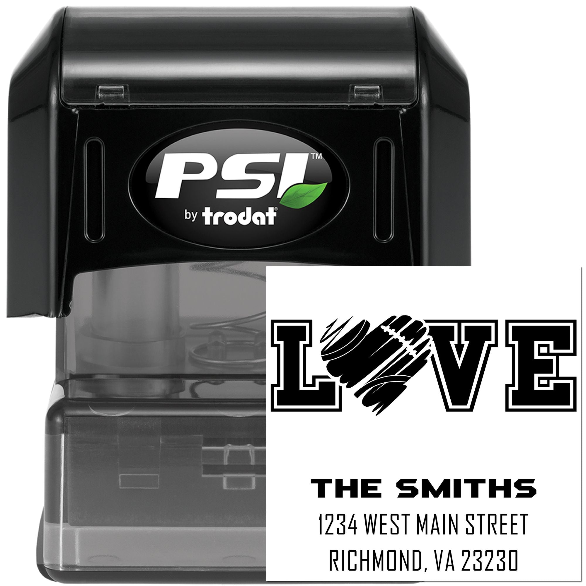 PSI Trodat self-inking rubber stamp with custom Love return address imprint for The Smiths.