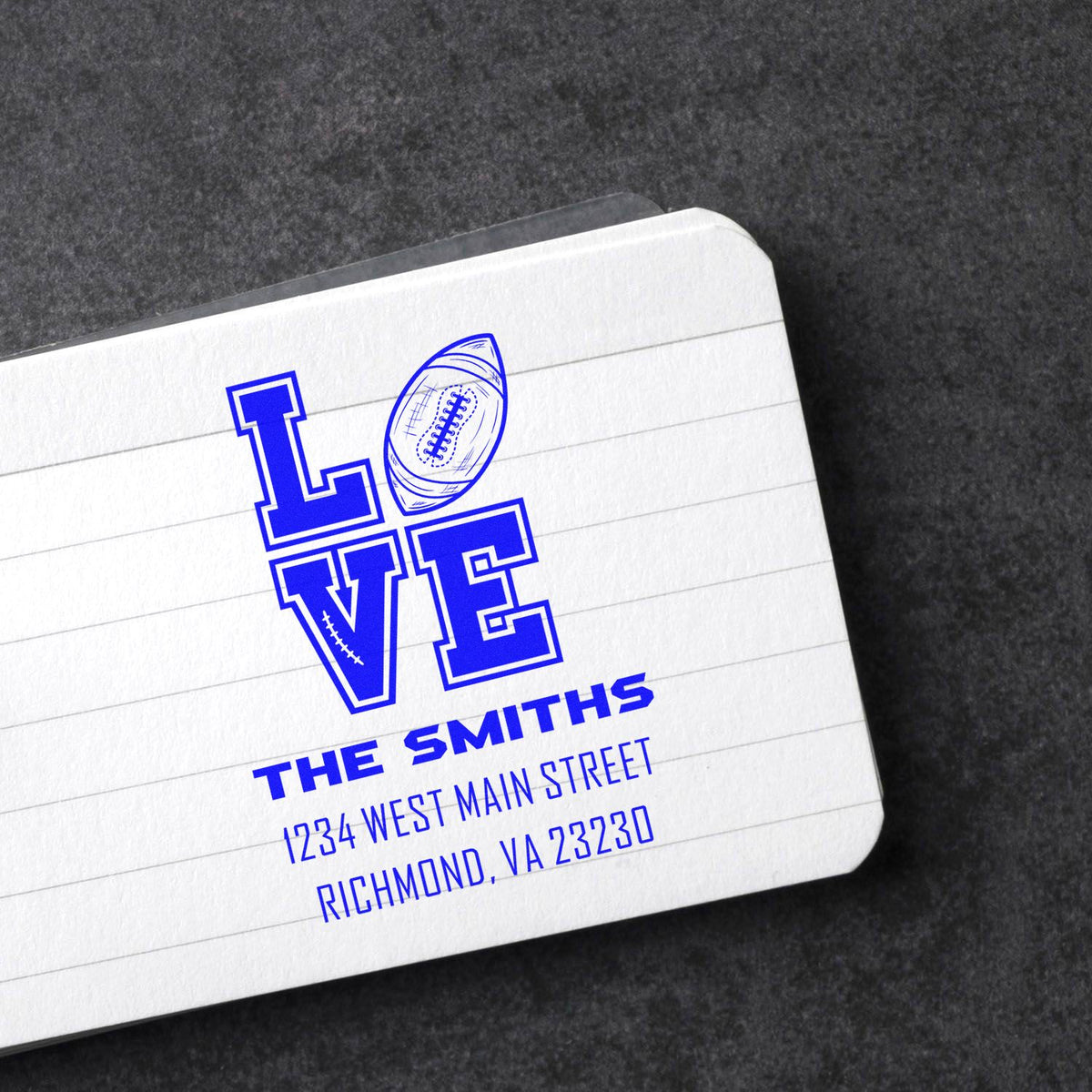 Personalized football LOVE address rubber stamp for The Smiths, featuring a blue custom sports-themed design.