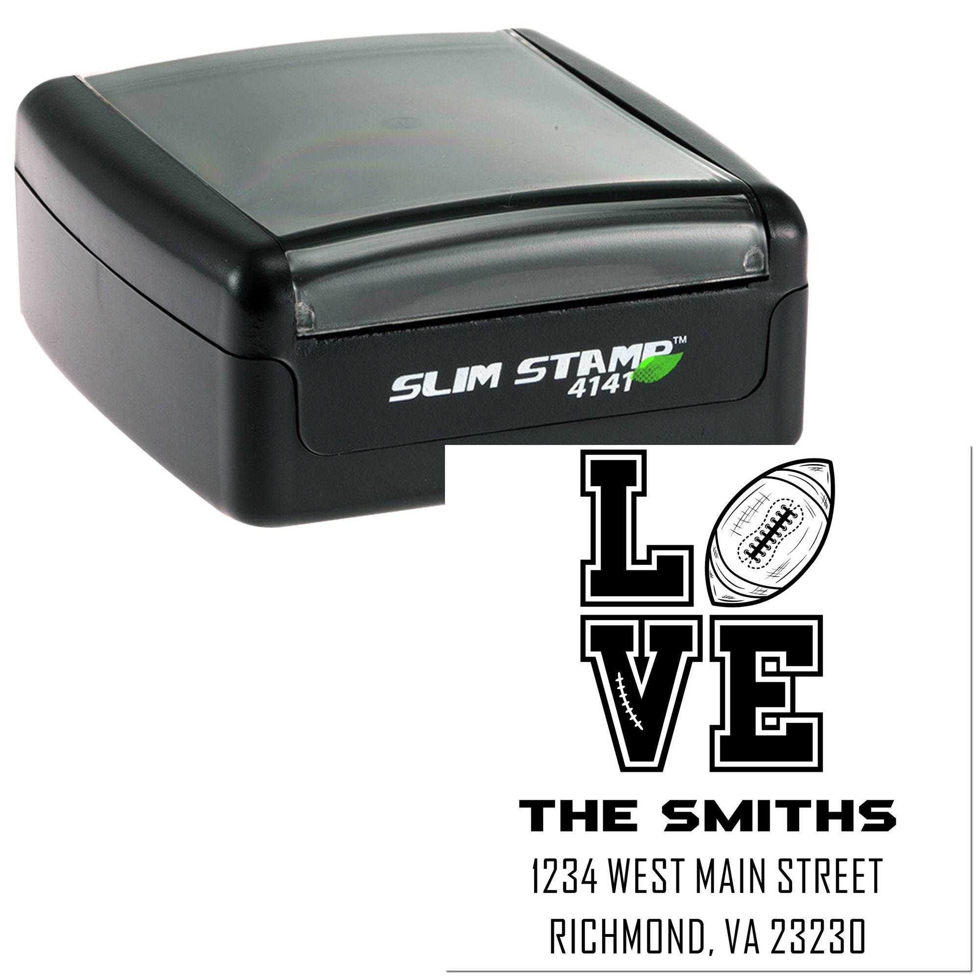 Personalized self-inking rubber stamp with football LOVE design, The Smiths name, and return address for custom mailings.