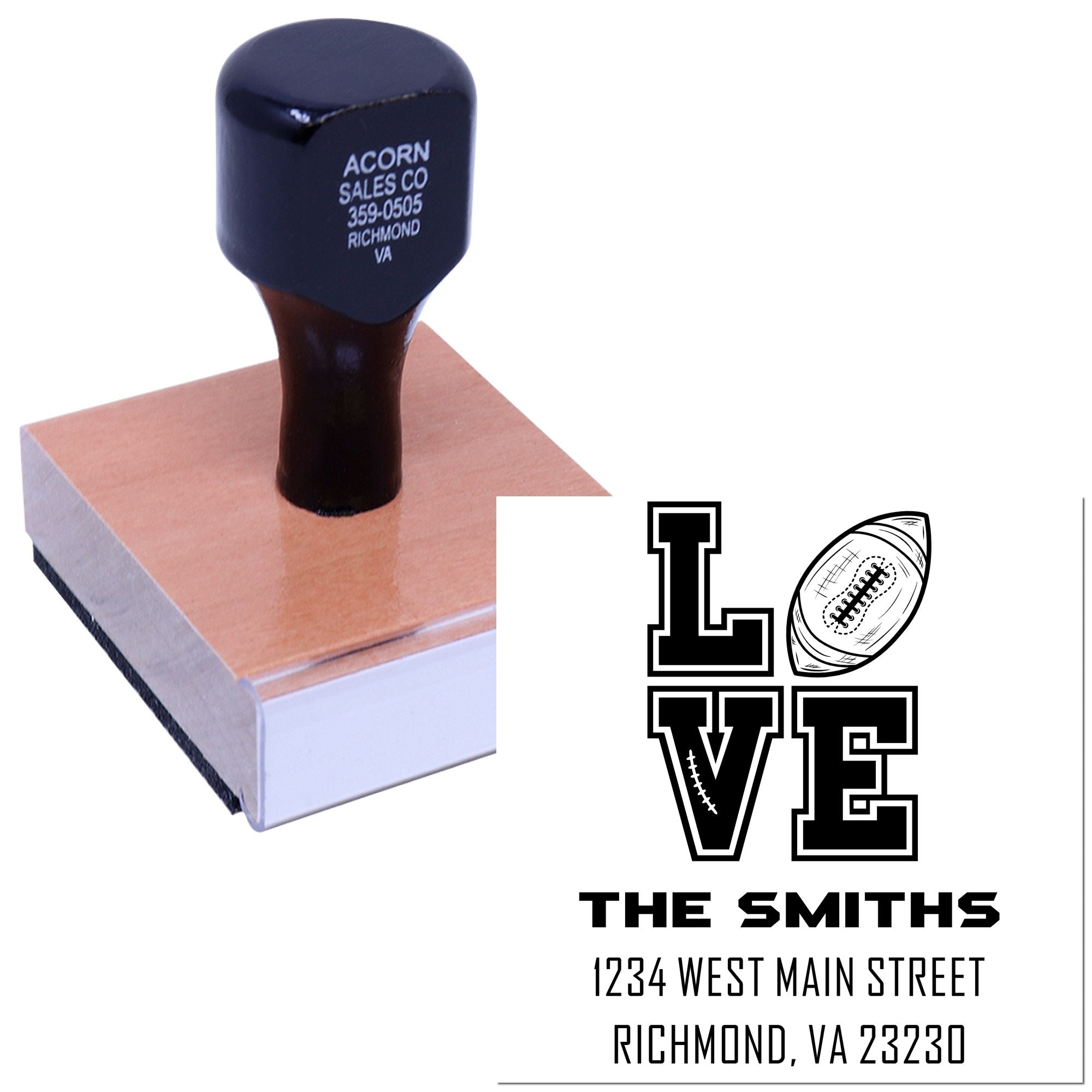 Custom football love rubber stamp for personalized address imprint, featuring family name and sports-themed monogram design.