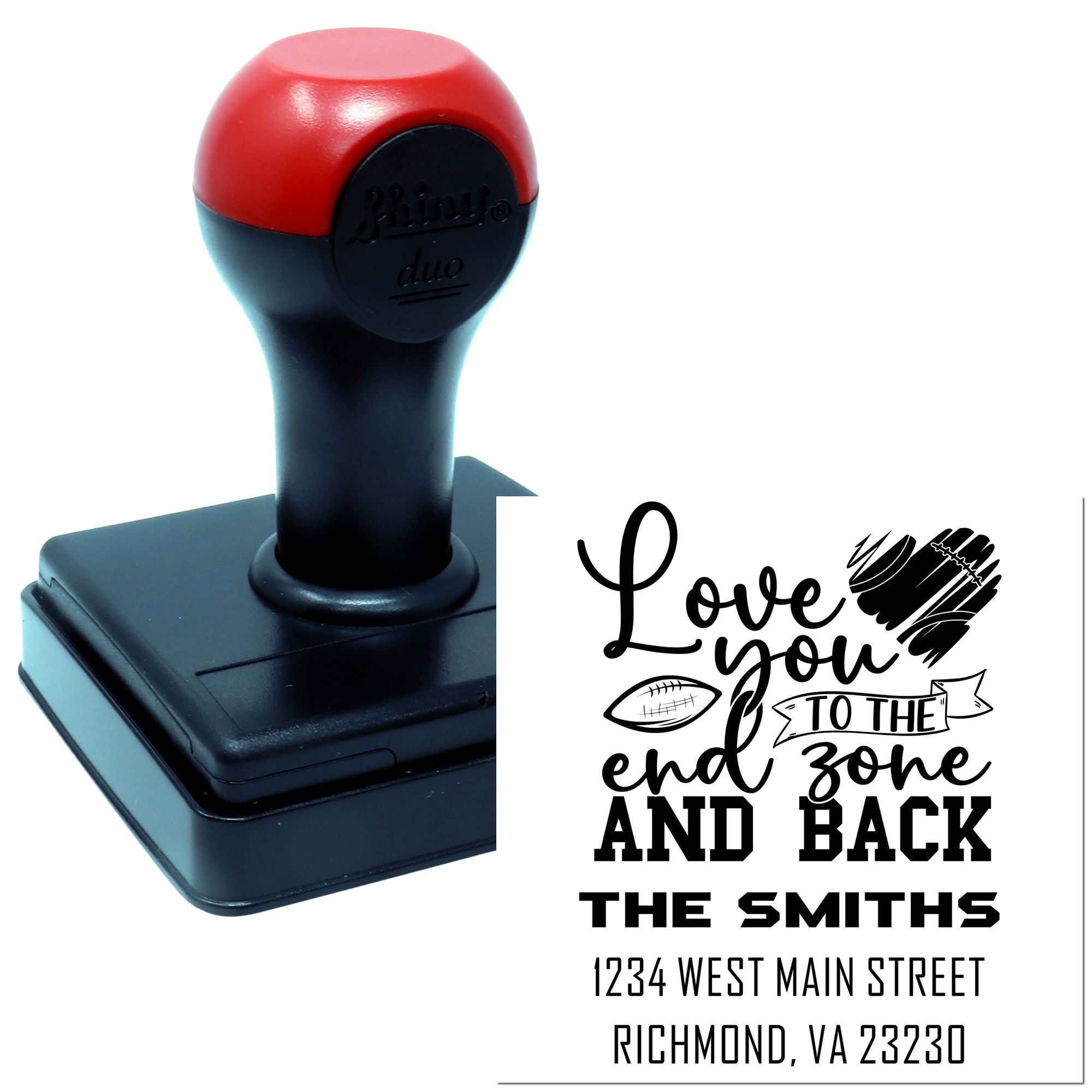 Custom self-inking rubber stamp with football Love You to the End Zone and Back design and Smiths address