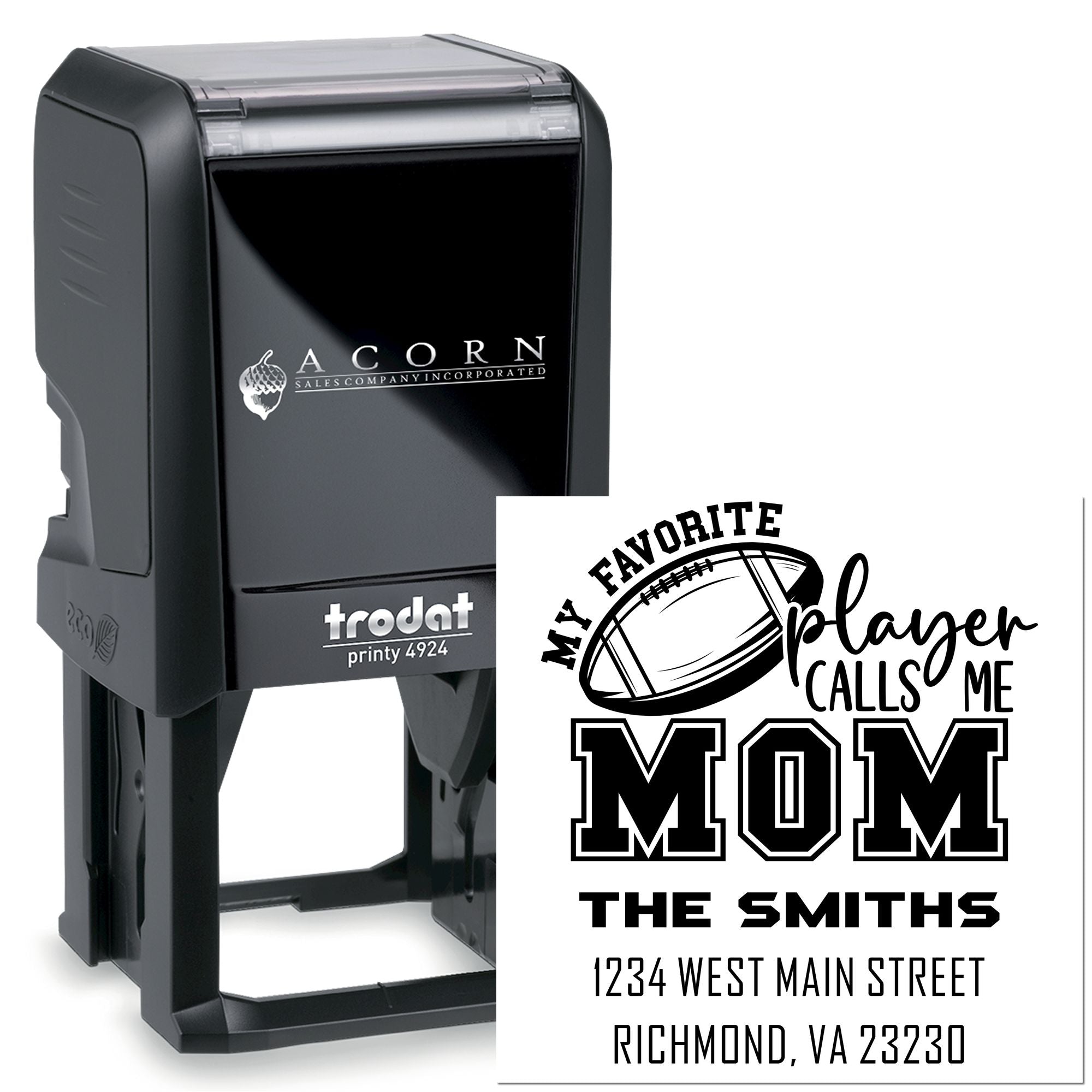 Custom self-inking rubber stamp with personalized football-themed My favorite player calls me Mom design for family use.