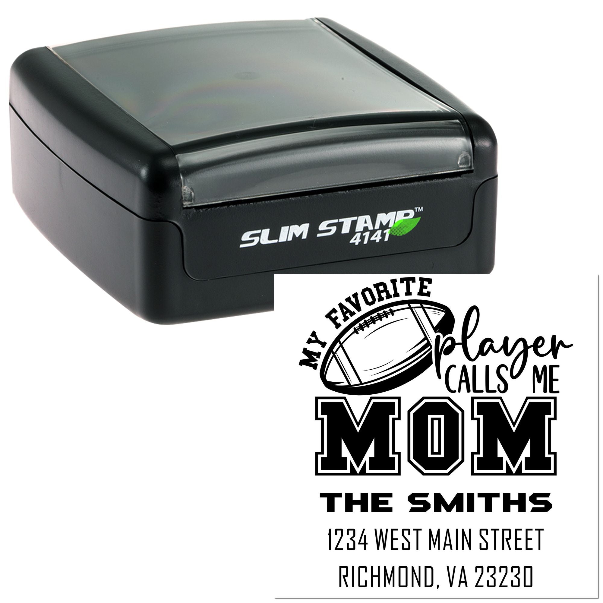 Custom self-inking rubber stamp with football mom return address design, ideal for personalized Slim Stamp 4141 impressions.