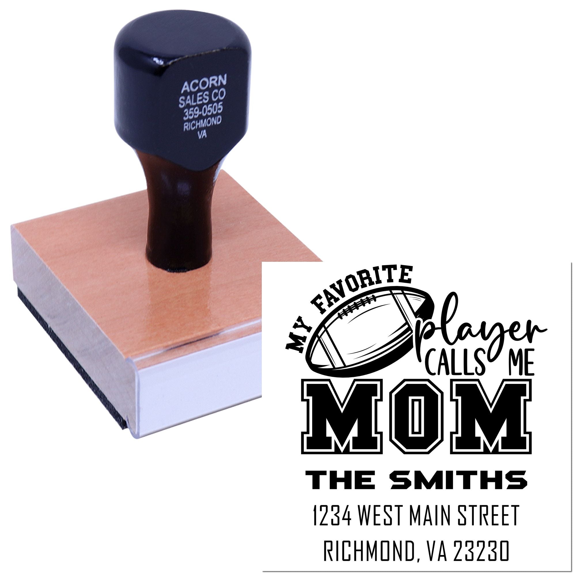Custom rubber stamp for football mom gifts, featuring personalized football-themed text, family name, and address.