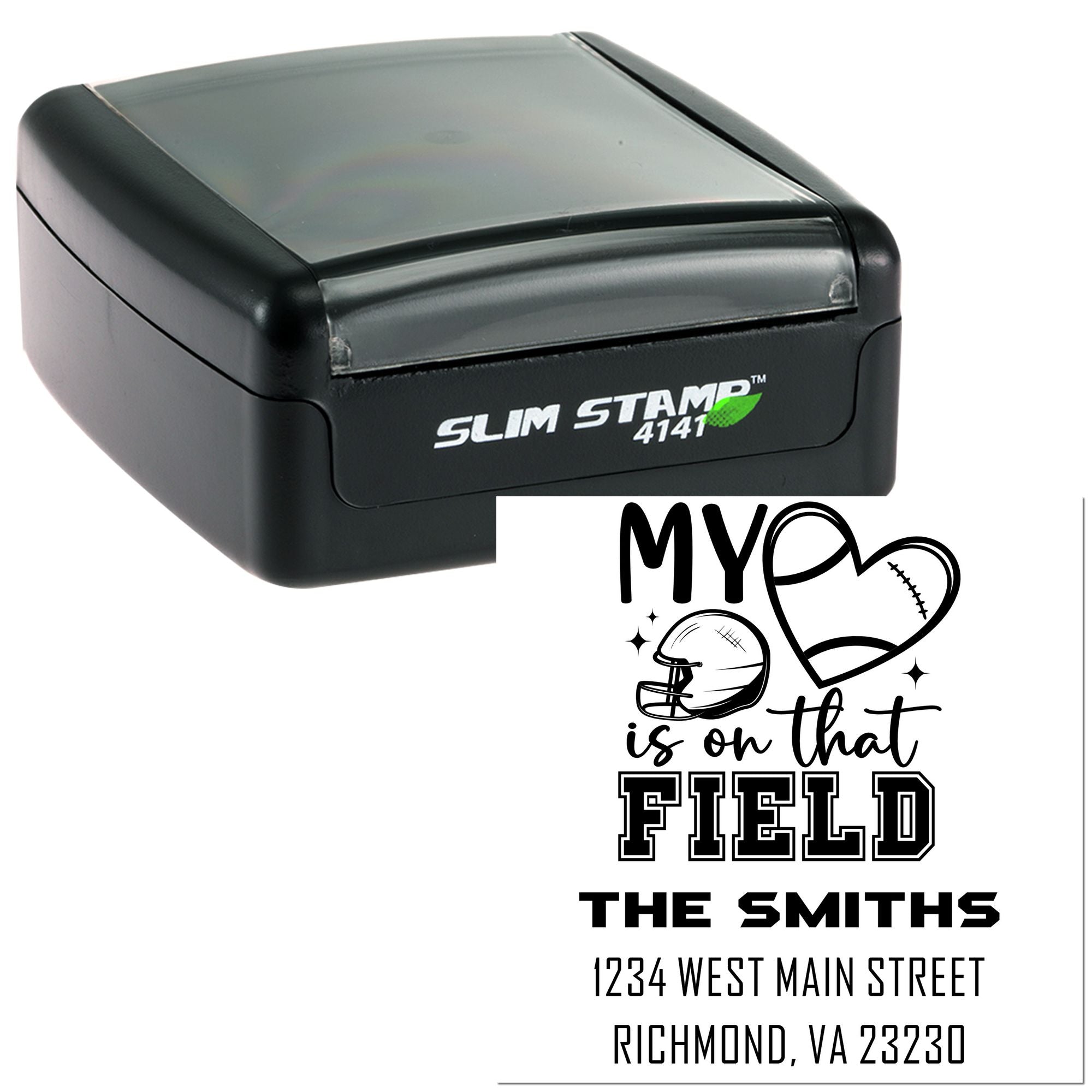 Personalized self-inking rubber stamp with football-themed return address for The Smiths, Richmond, VA.